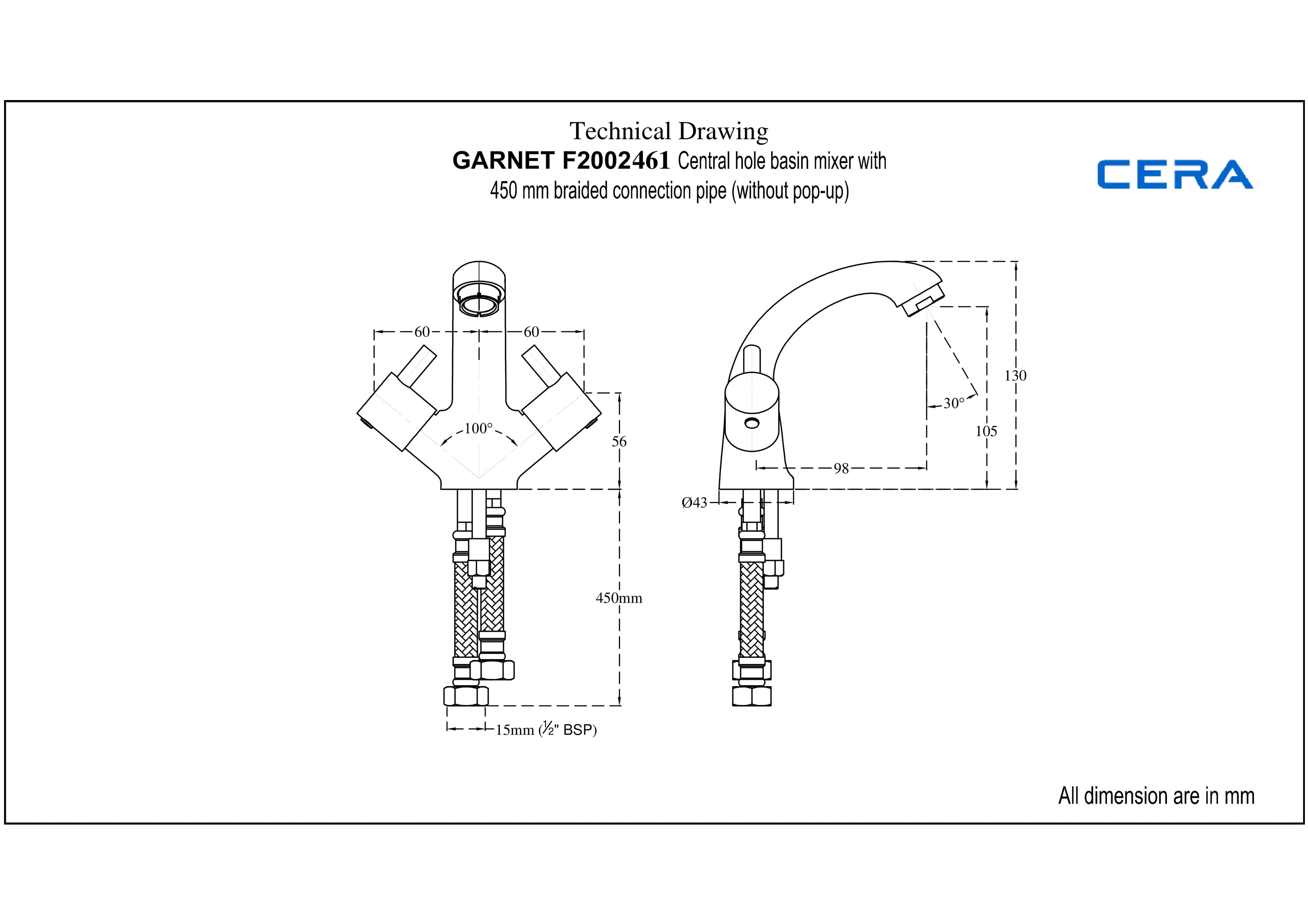 Garnet Basin Mixer (Hot & Cold Water) | Chrome Finish | With 450 mm braided connection pipe — image 2