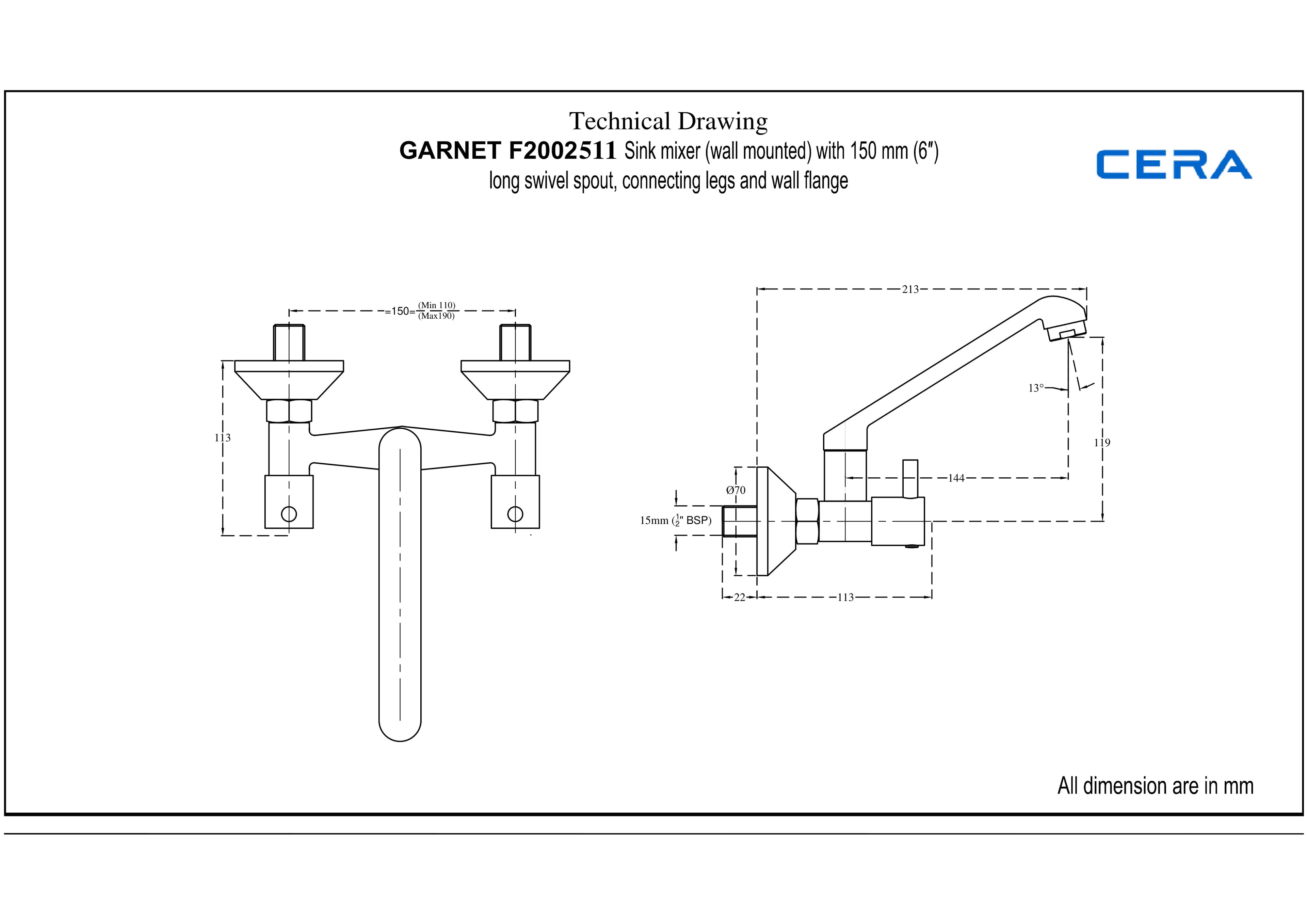 Garnet Kitchen Mixer (Hot & Cold Water) With 150 mm (6") Long Swivel Spout and Wall Flanges | Chrome Finish — image 2