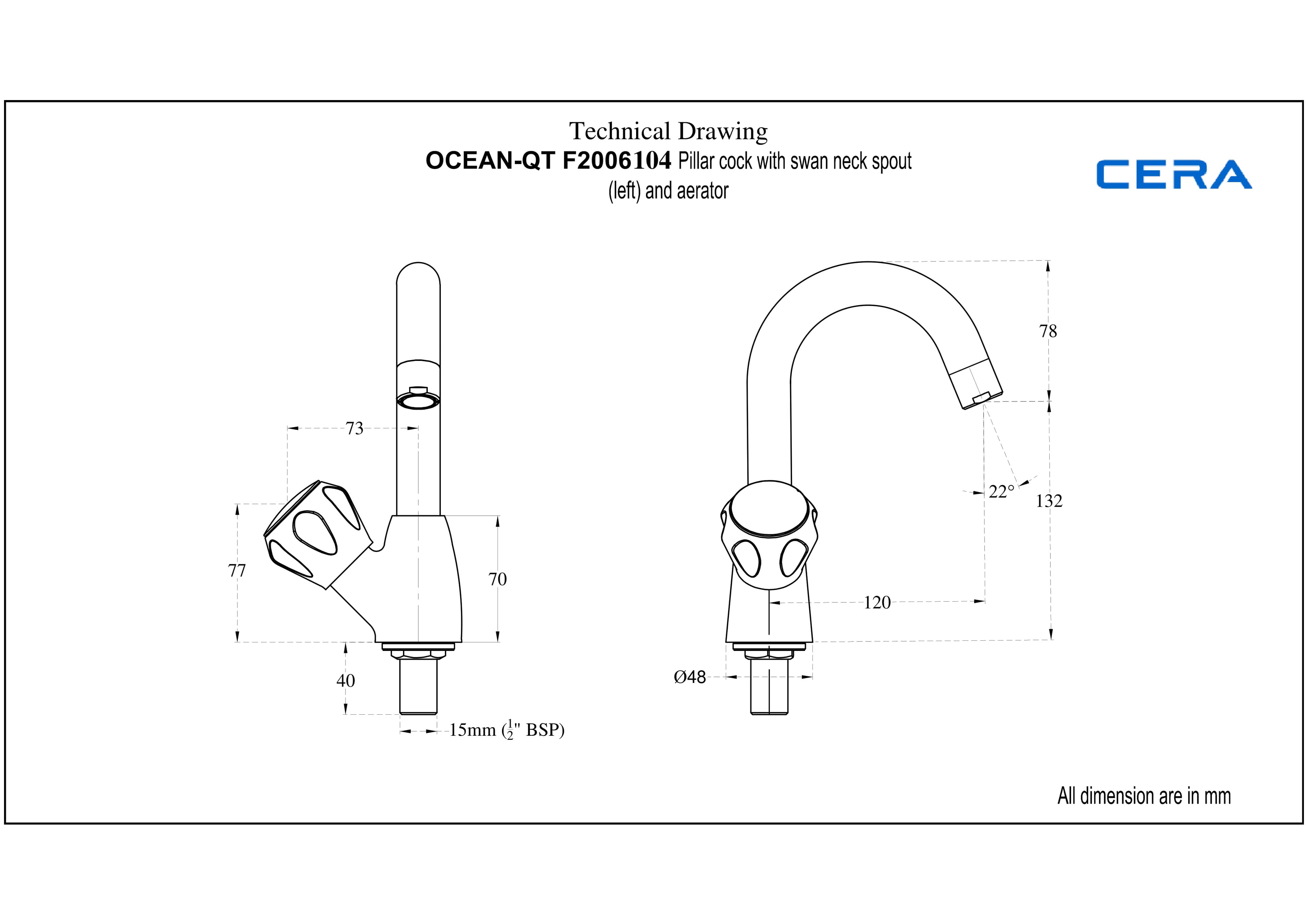 Ocean Pillar Cock (Cold Water Only) With Swan Neck Spout (Left) | Chrome Finish — image 4