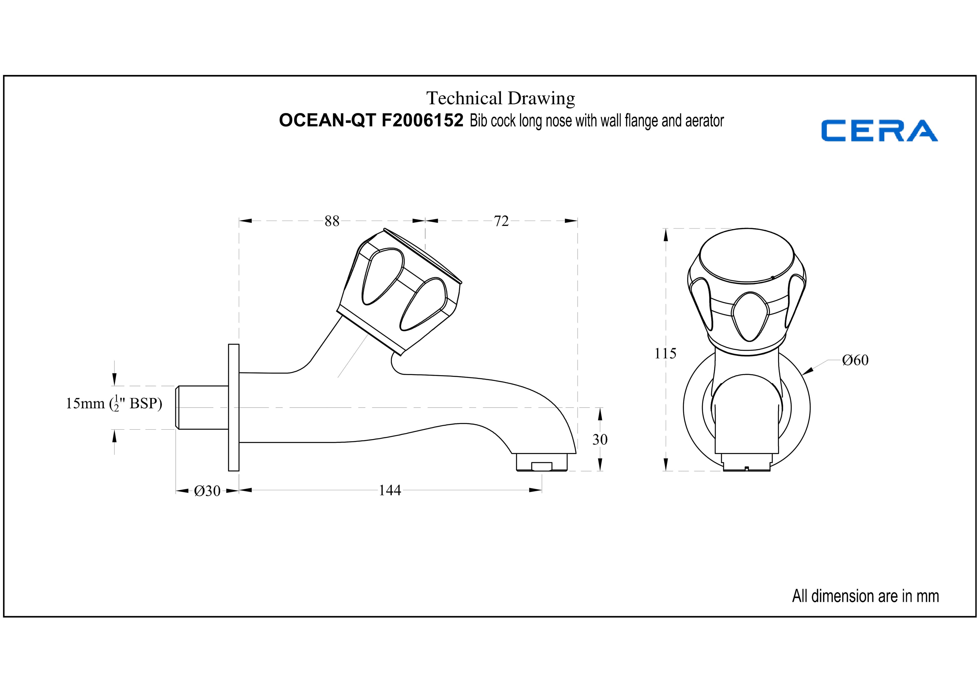 Ocean Bib Cock (Only Cold Water) Long Nose With Flange | Chrome Finish — image 4