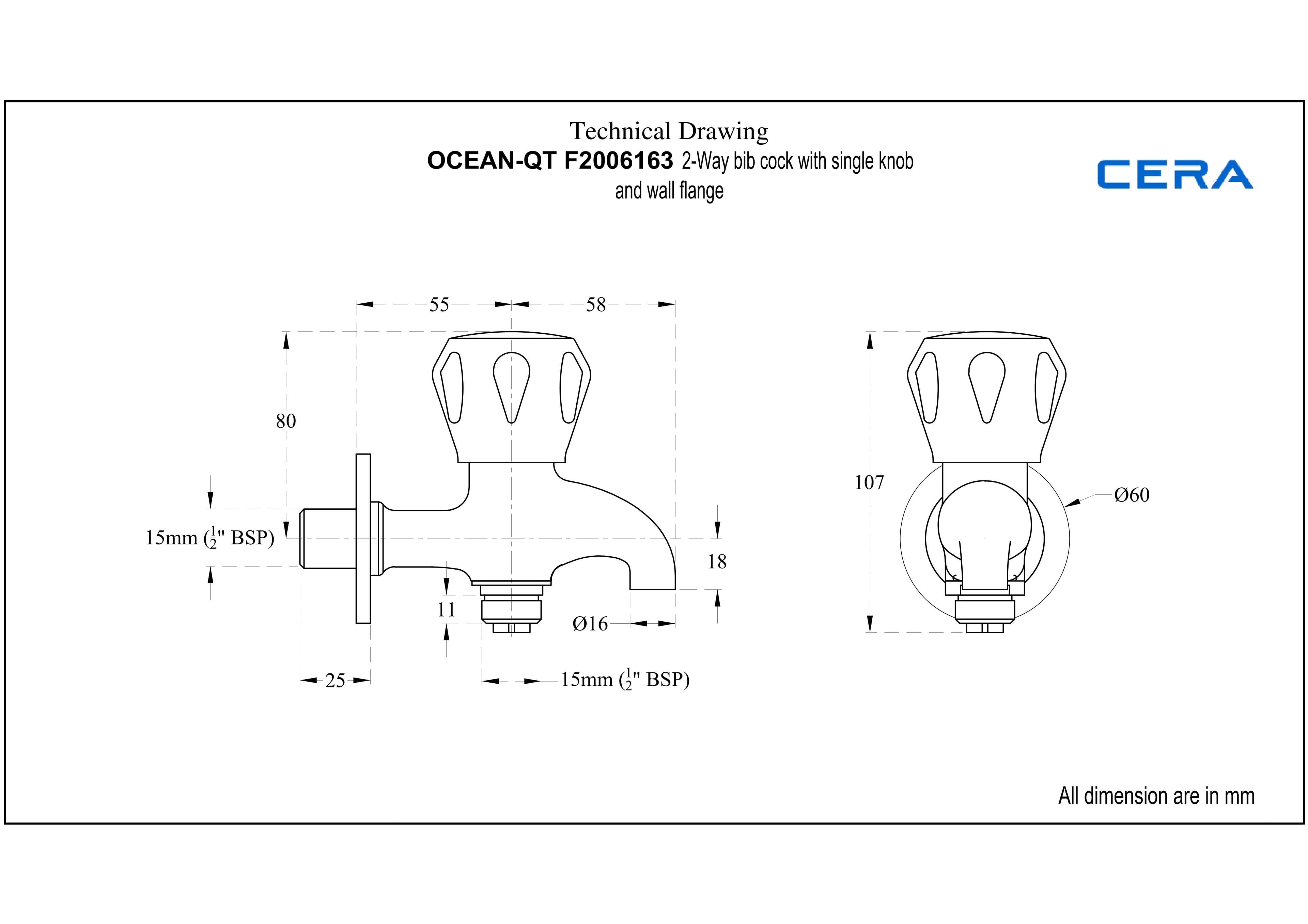 Ocean 2-Way Bib Cock (Only Cold Water) With Flange | Chrome Finish — image 3