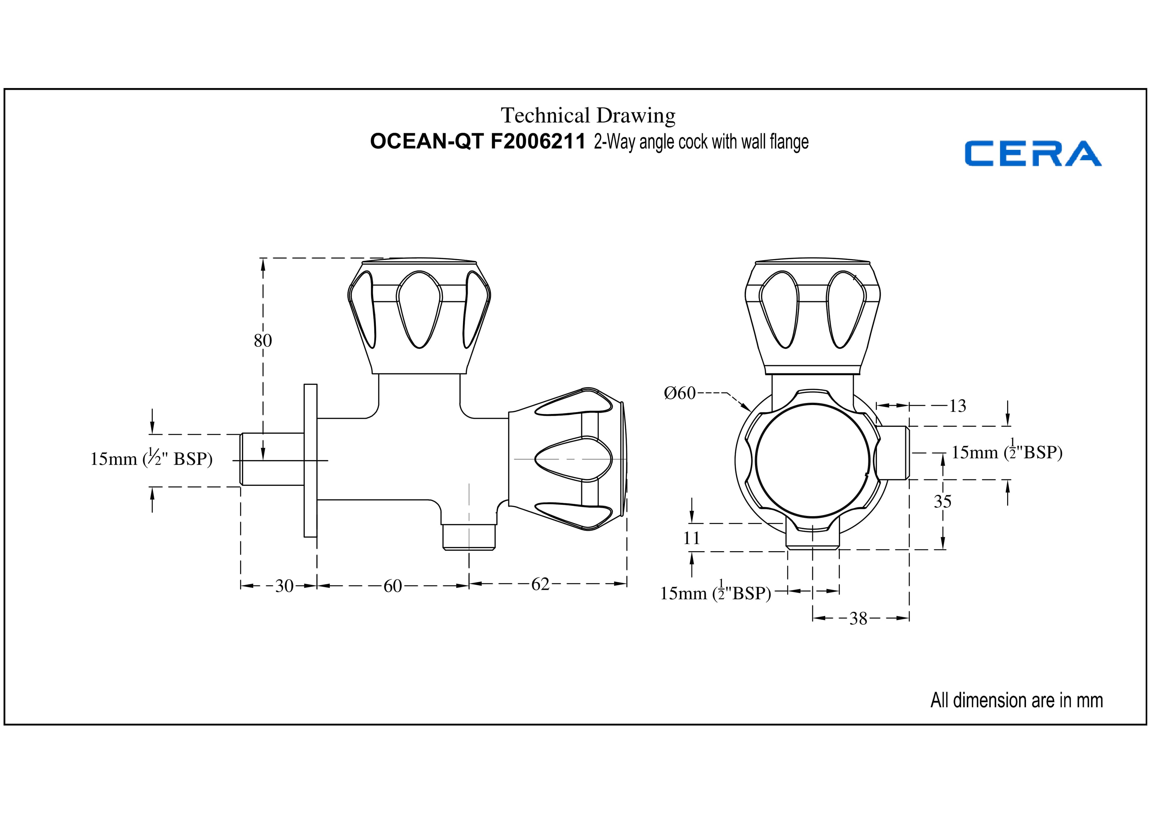 Ocean 2-Way Angle Cock With Wall Flange | Chrome Finish — image 3