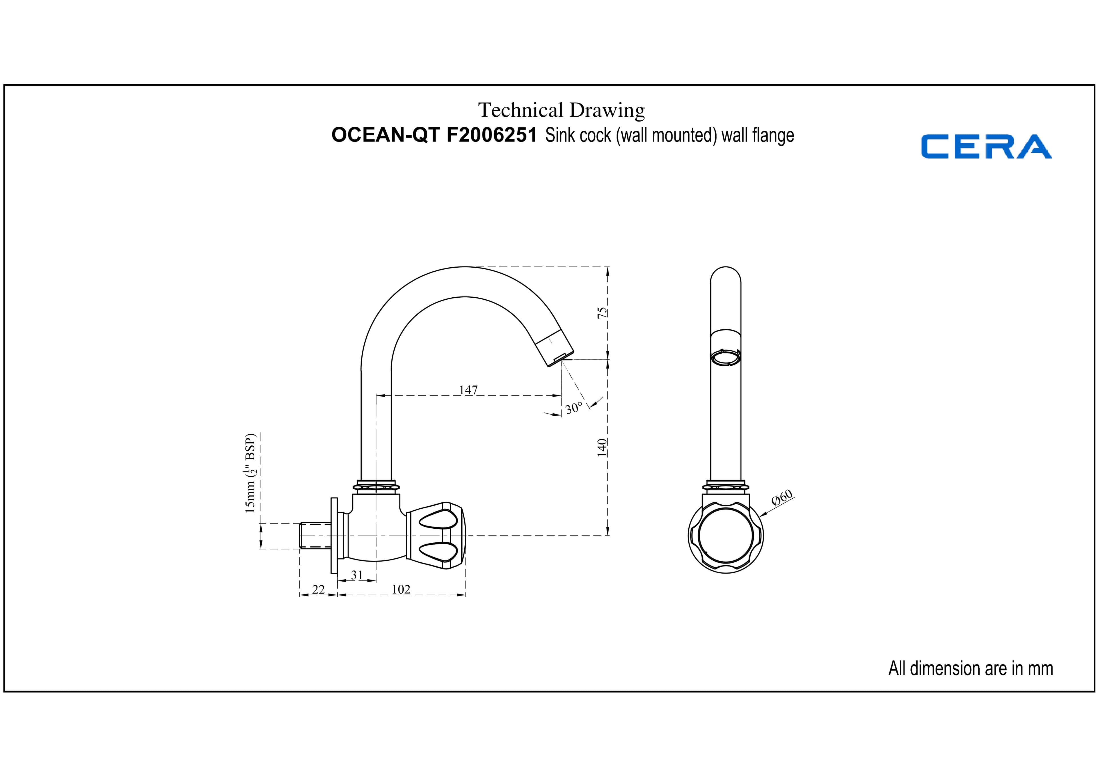 Ocean Kitchen Faucet (Cold Water Only) With 170 mm (6.5") Long Swivel Spout and Wall Flange | Chrome Finish | For Kitchen Use — image 4