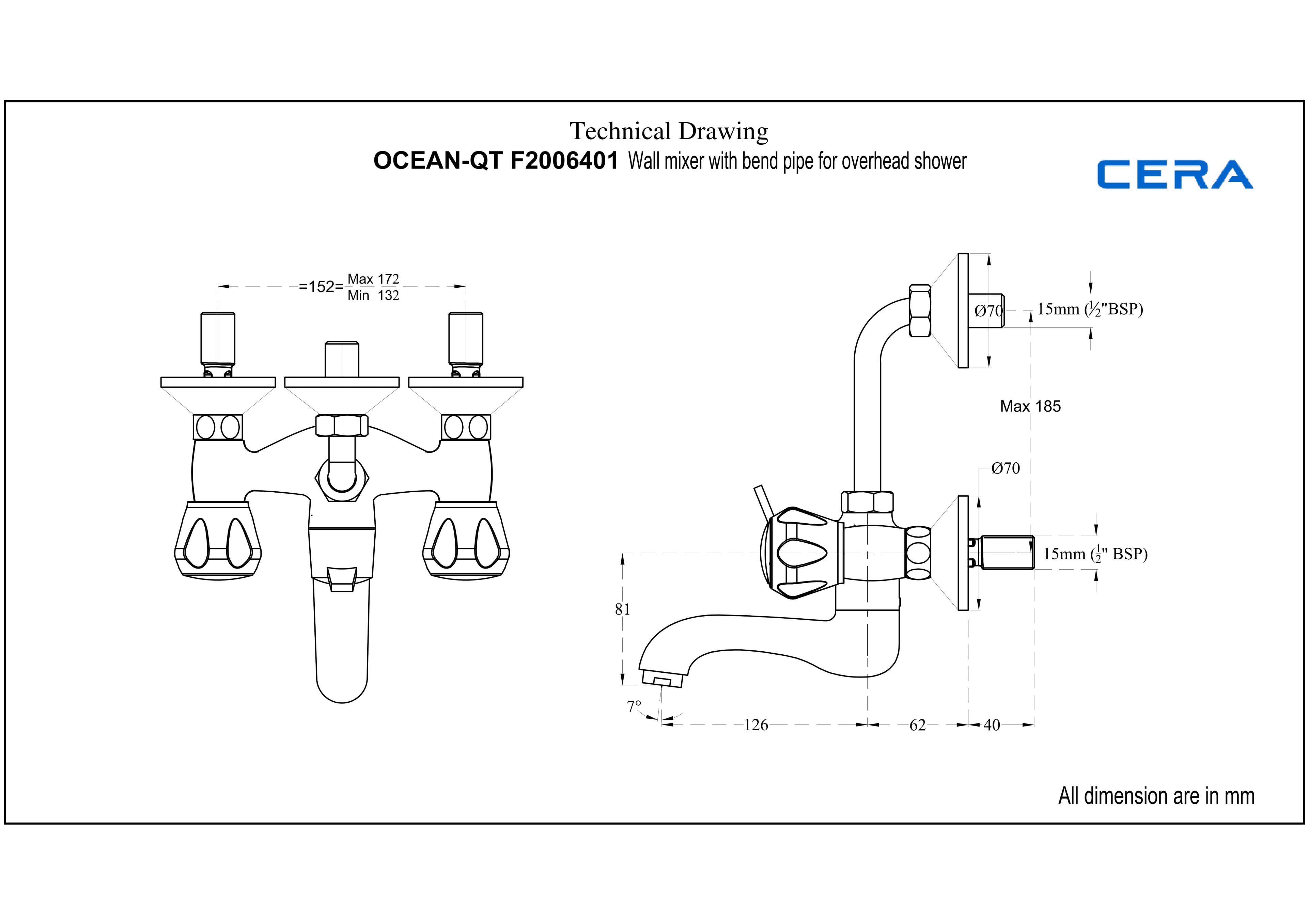 Ocean Wall Mixer With 210 mm (8.5") Long Bend Pipe for Overhead Shower | Chrome Finish — image 4