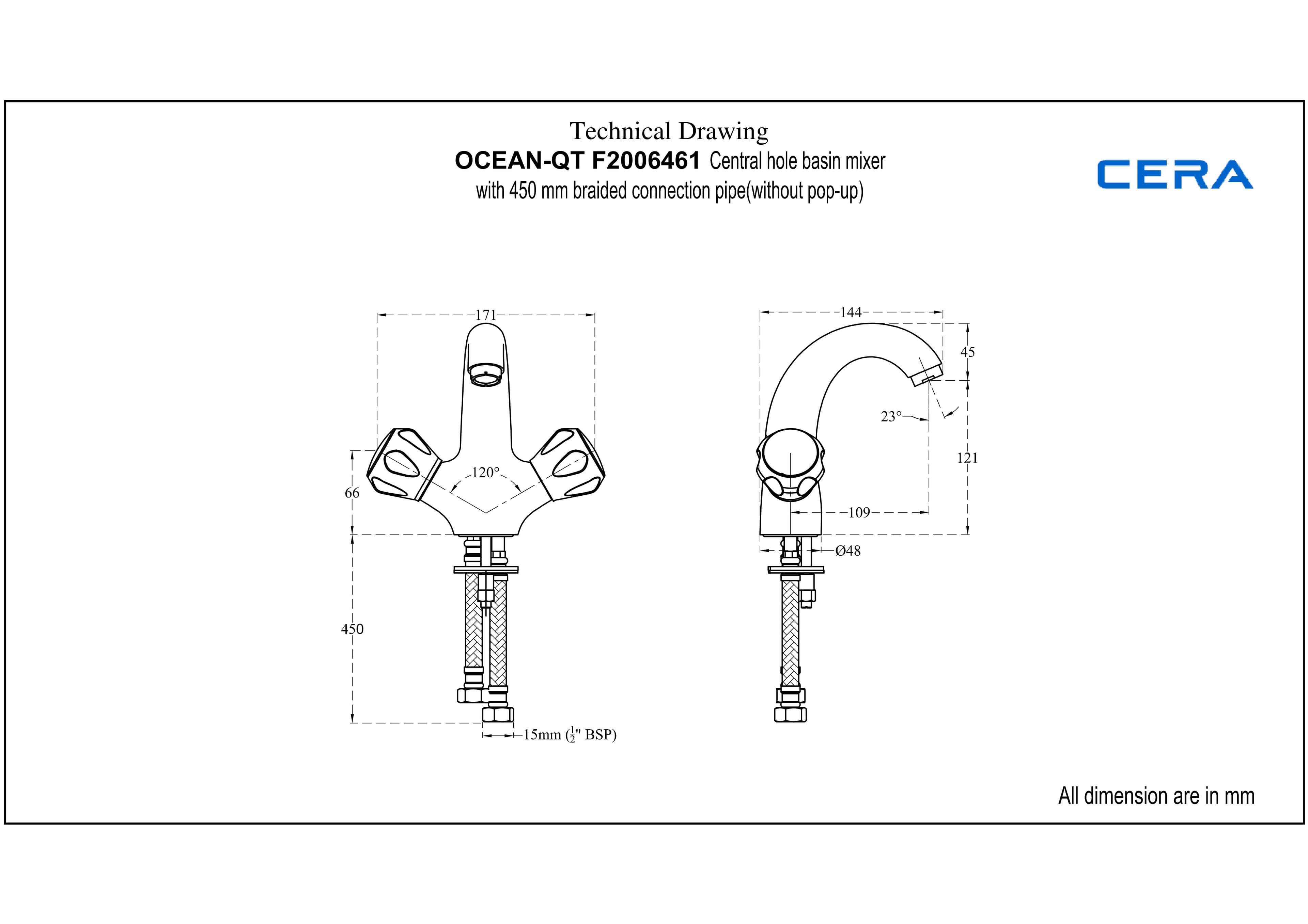 Ocean Basin Mixer (Hot & Cold Water) | Chrome Finish | With 450 mm Braided Connection Pipe — image 4