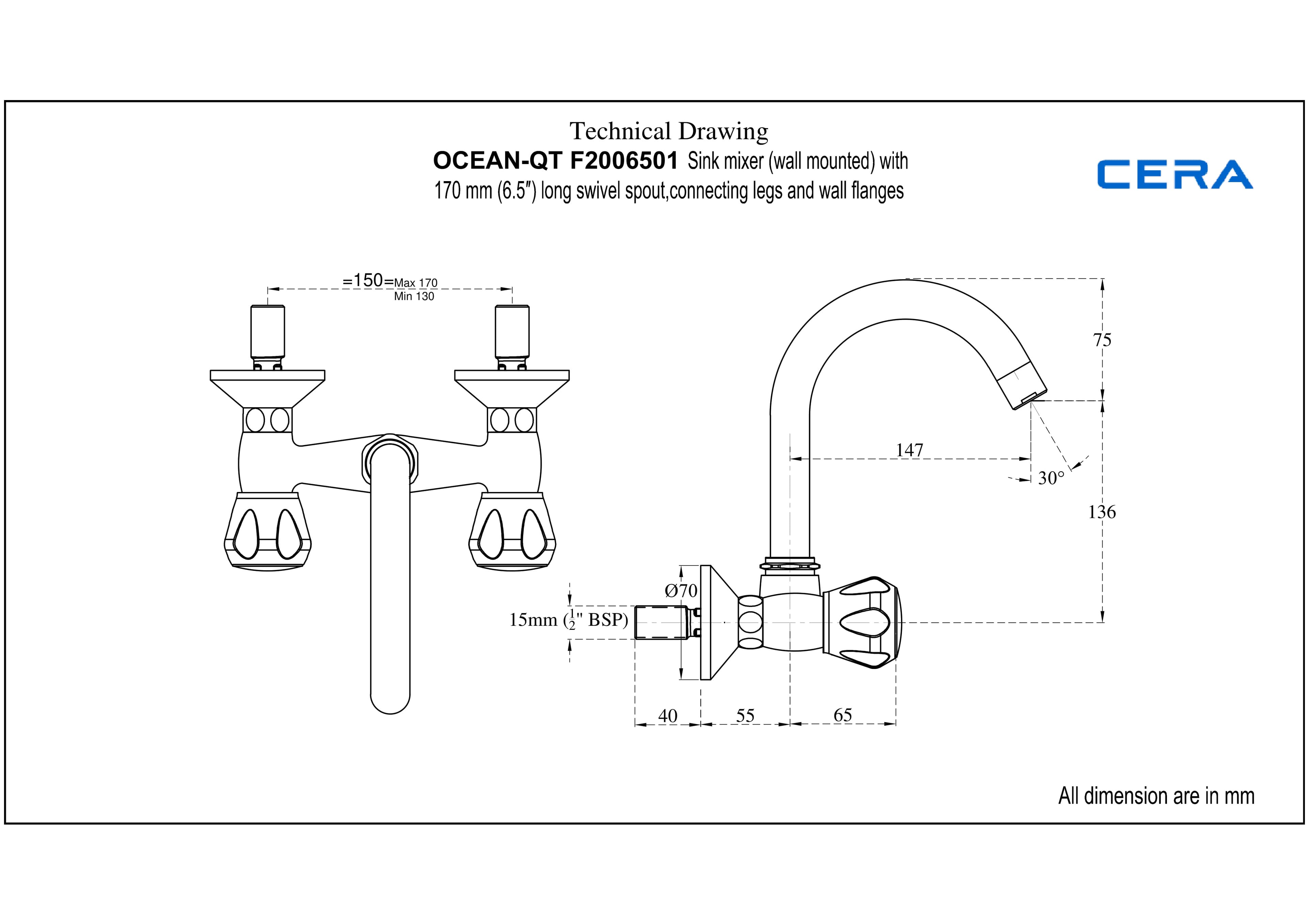 Ocean Kitchen Mixer (Hot & Cold Water) With 170 mm (6.5") Long Swivel Spout and Wall Flanges | Chrome Finish — image 4