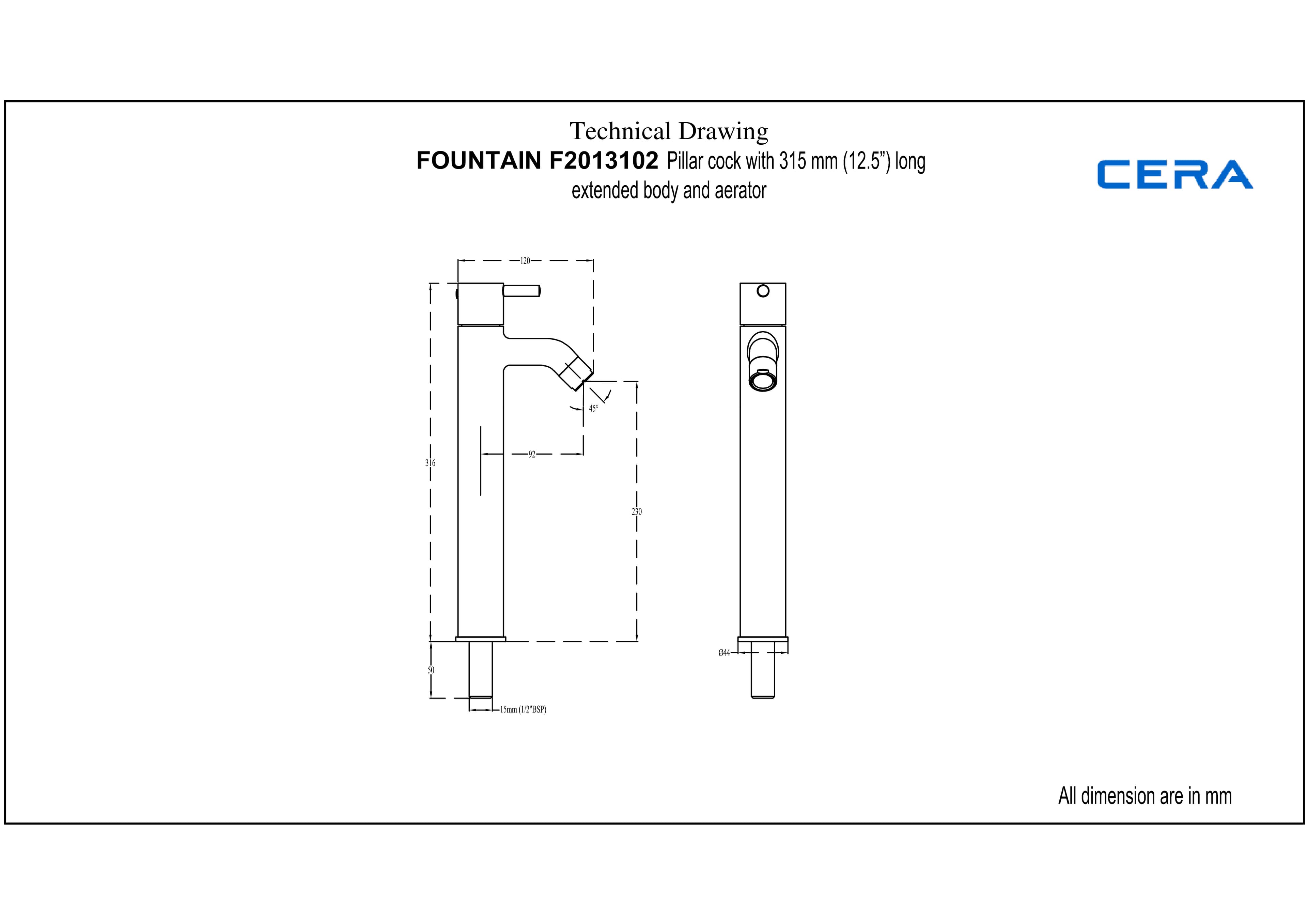 Fountain Pillar Cock Tall (Cold Water Only) With (12.5") Long Extended Body | Chrome Finish — image 2