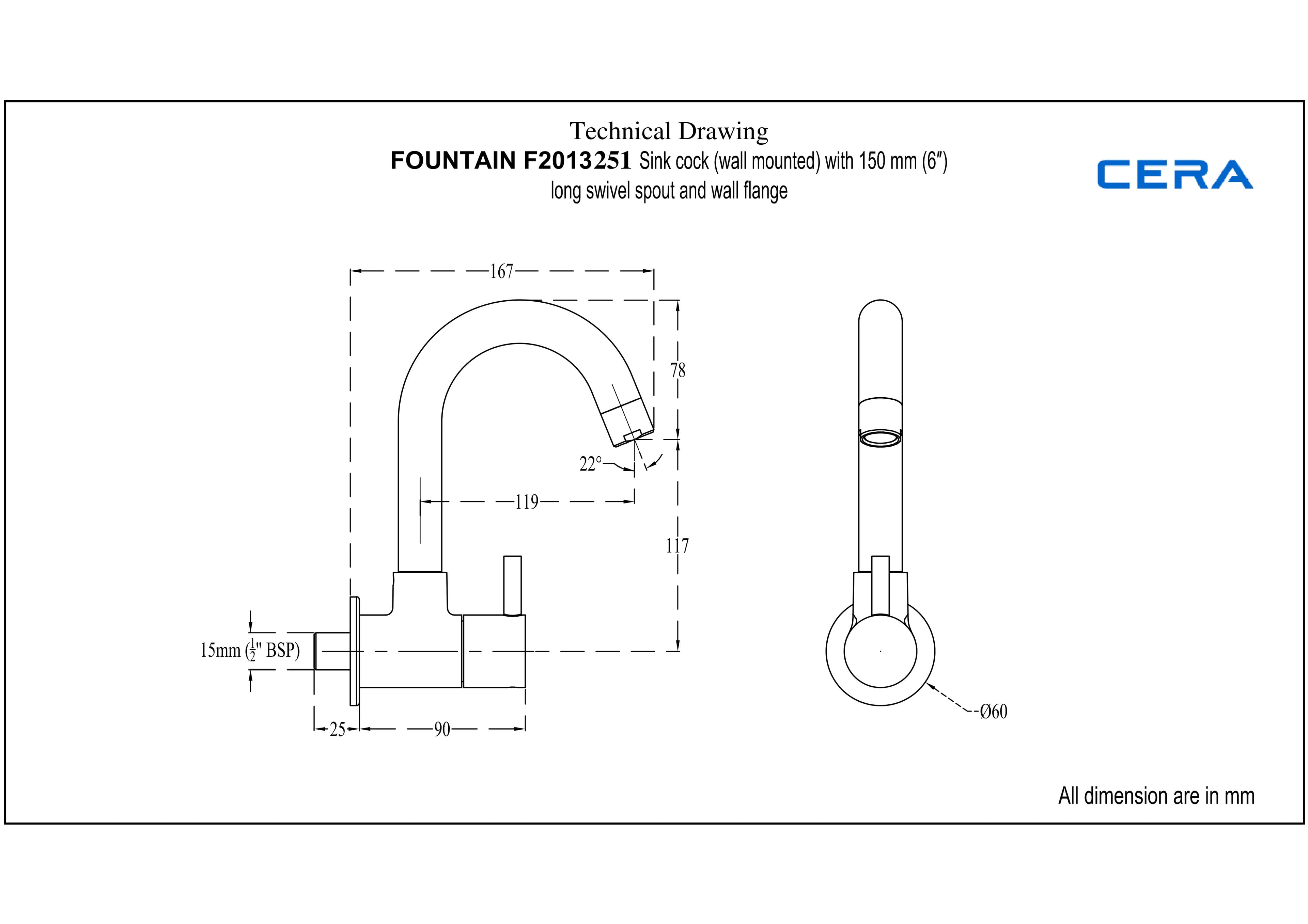 Fountain Kitchen Faucet (Cold Water Only) With 150 mm (6") Long Swivel Spout and Wall Flange | Chrome Finish | For Kitchen Use — image 5