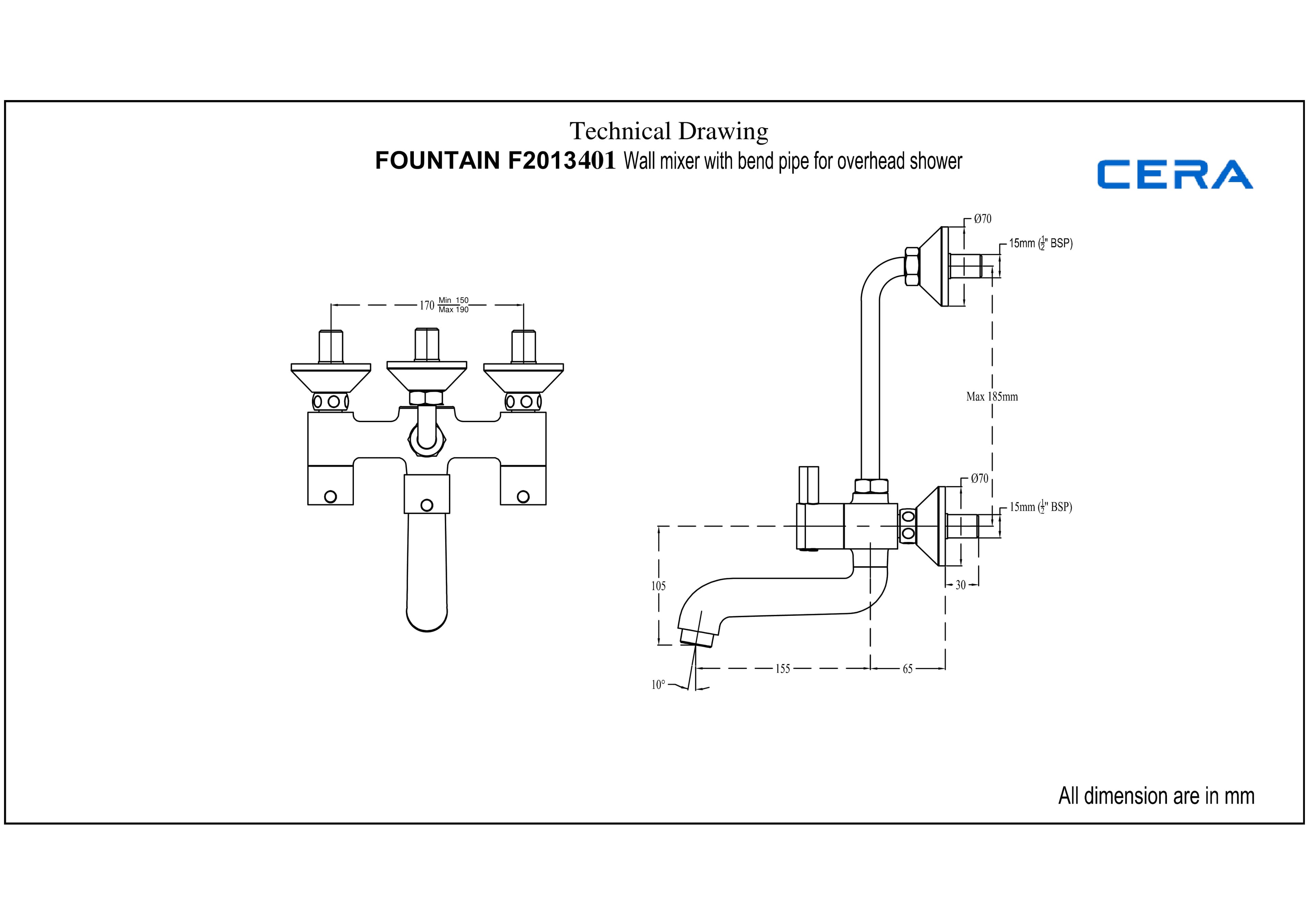 Fountain Wall Mixer With 210 mm (8.5") Long Bend Pipe for Overhead Shower | Chrome Finish — image 4