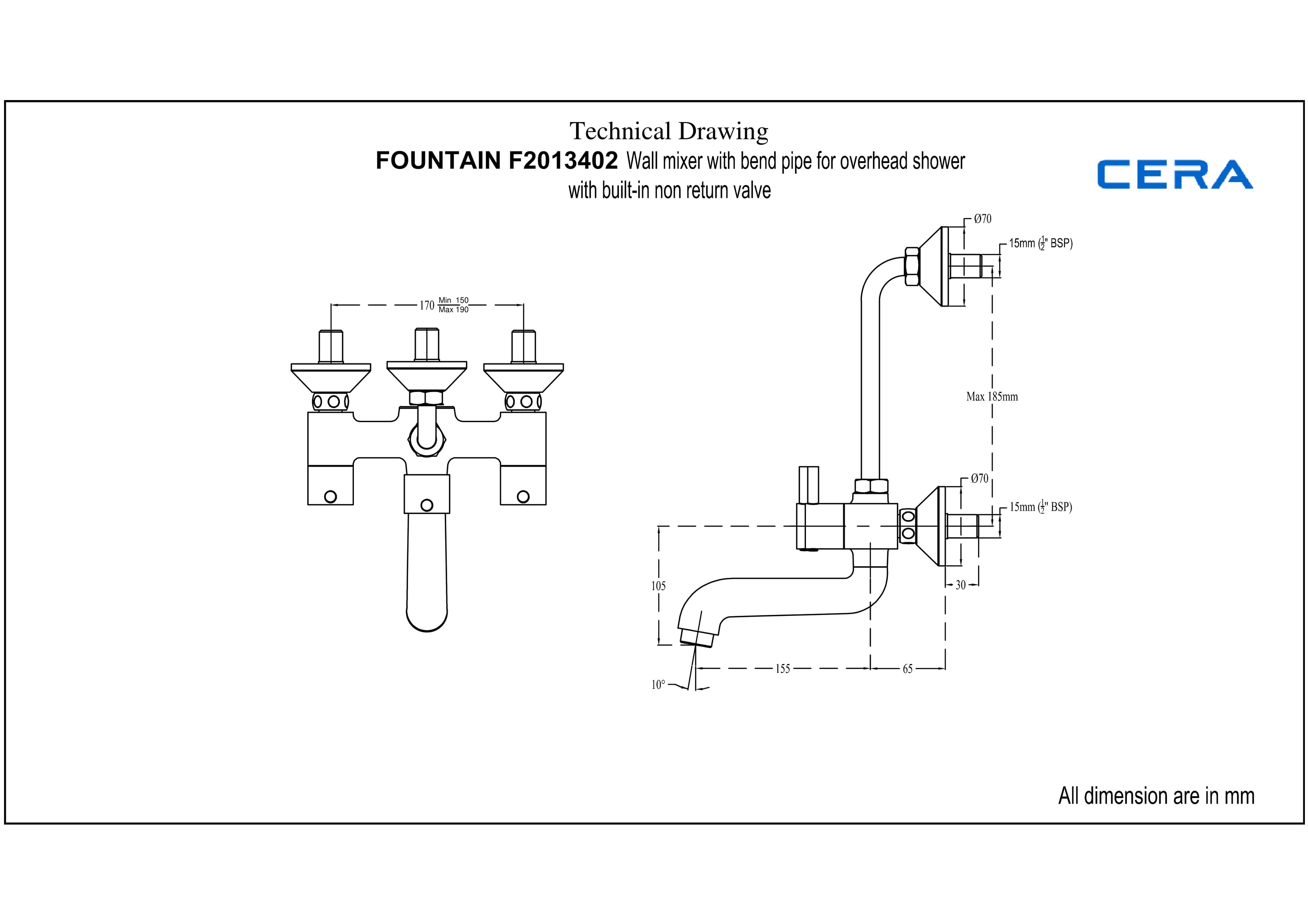 Fountain Wall Mixer With 210 mm (8.5") Long Bend Pipe for Overhead Shower | Chrome Finish — image 4