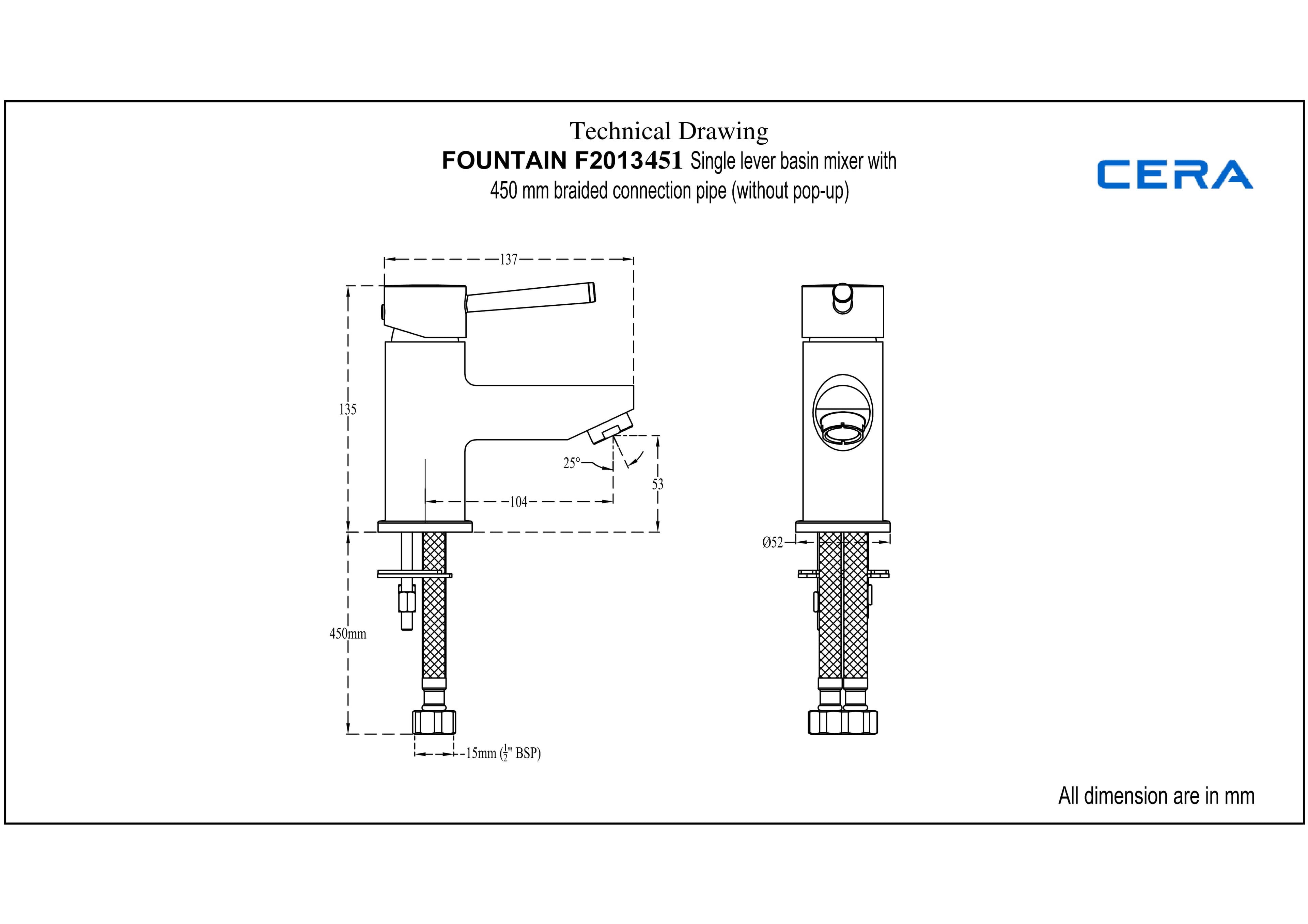 Fountain Single Lever Basin Mixer (Hot & Cold Water) | Chrome Finish | With 450 mm Braided Connection Pipe — image 3