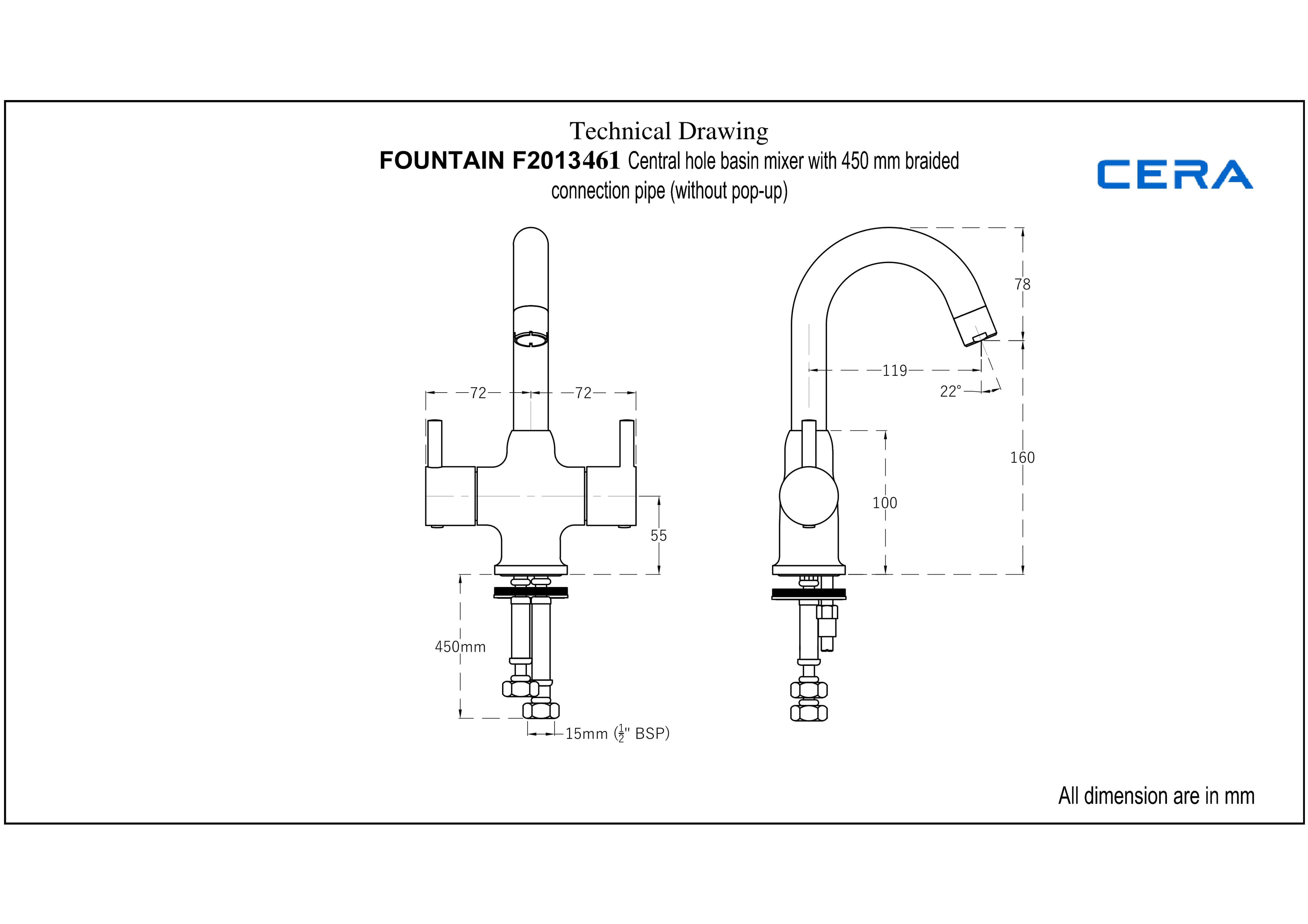 Fountain Basin Mixer (Hot & Cold Water) | Chrome Finish | With 450 mm Braided Connection Pipe — image 4