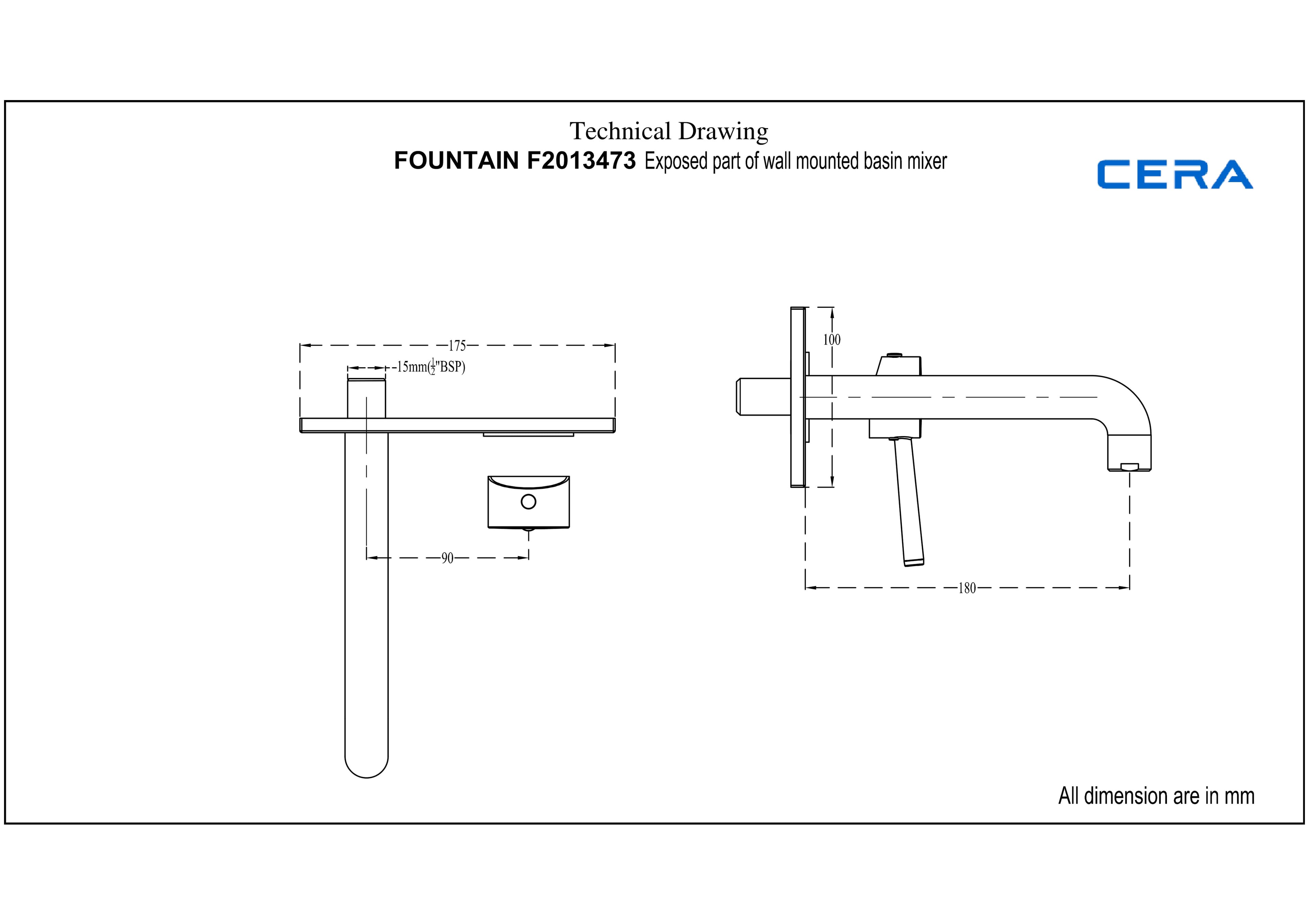 Fountain Exposed Part for Wall Mounted Single Lever Basin Mixer (Hot & Cold Water) | Compatible With Concealed Part F4065103 sold separately | Chrome Finish — image 4