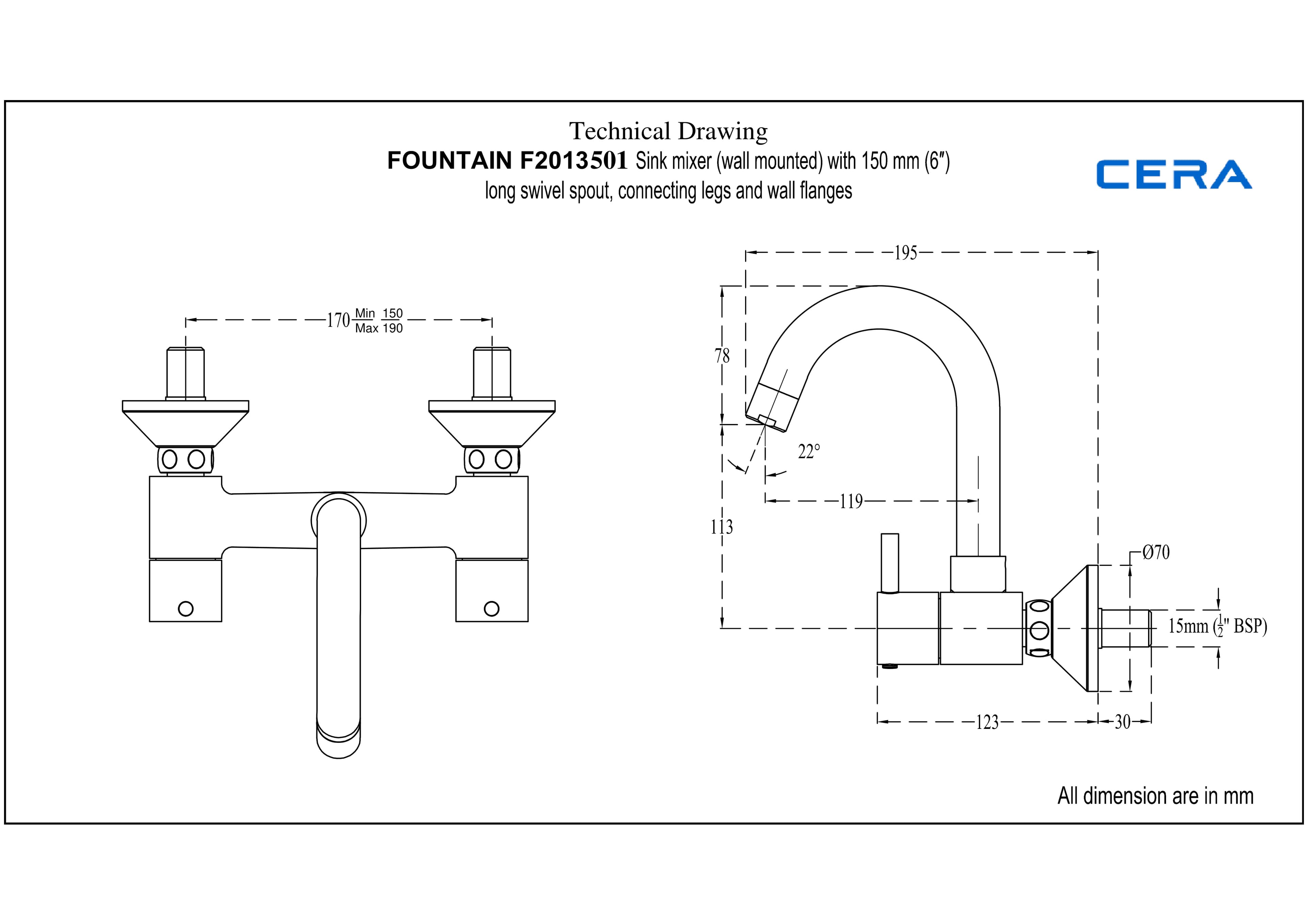 Fountain Kitchen Mixer (Hot & Cold Water) With 150 mm (6") Long Swivel Spout and Wall Flanges | Chrome Finish — image 4