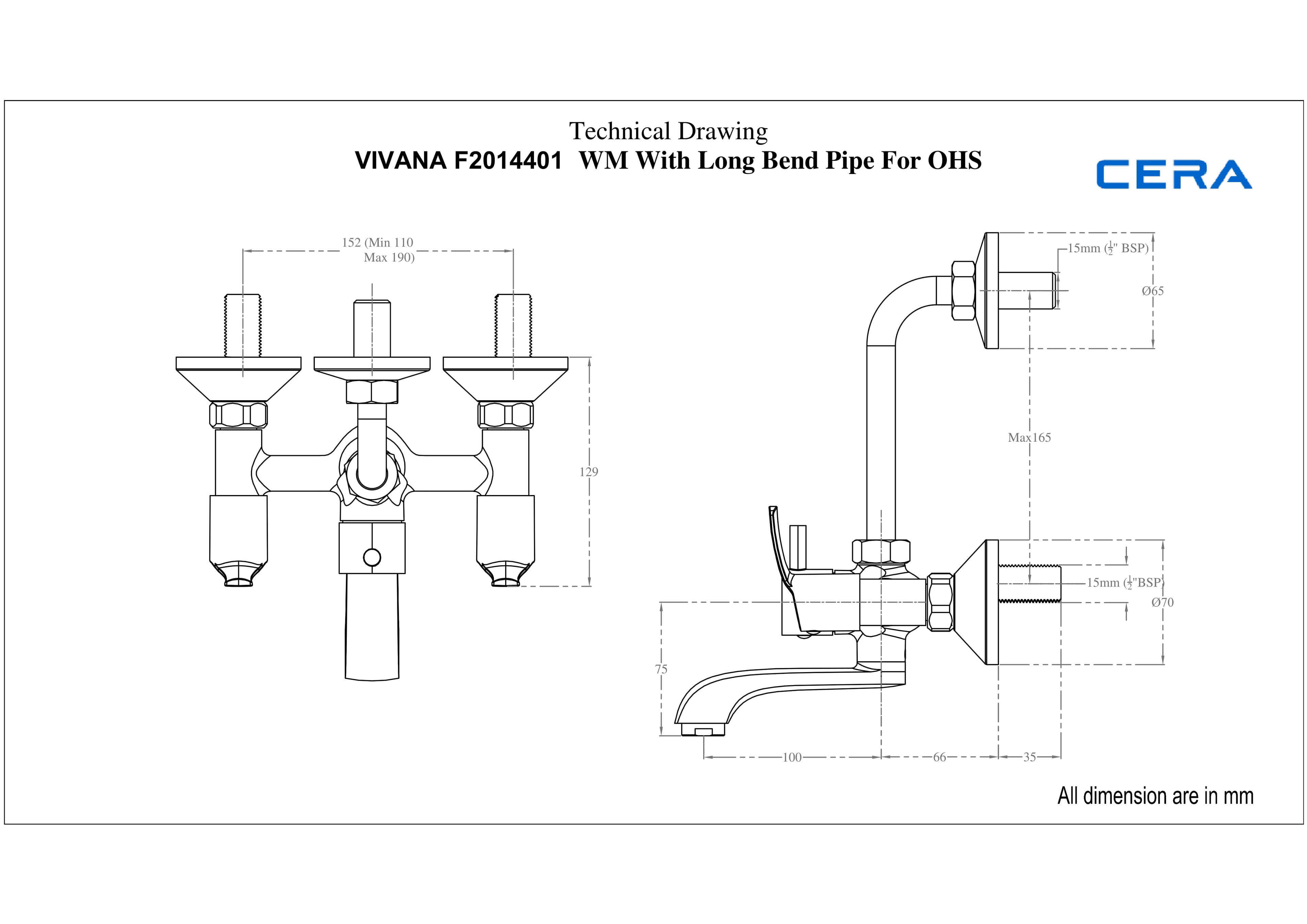 Vivana Wall Mixer With Bend Pipe for Overhead Shower | Chrome Finish — image 2