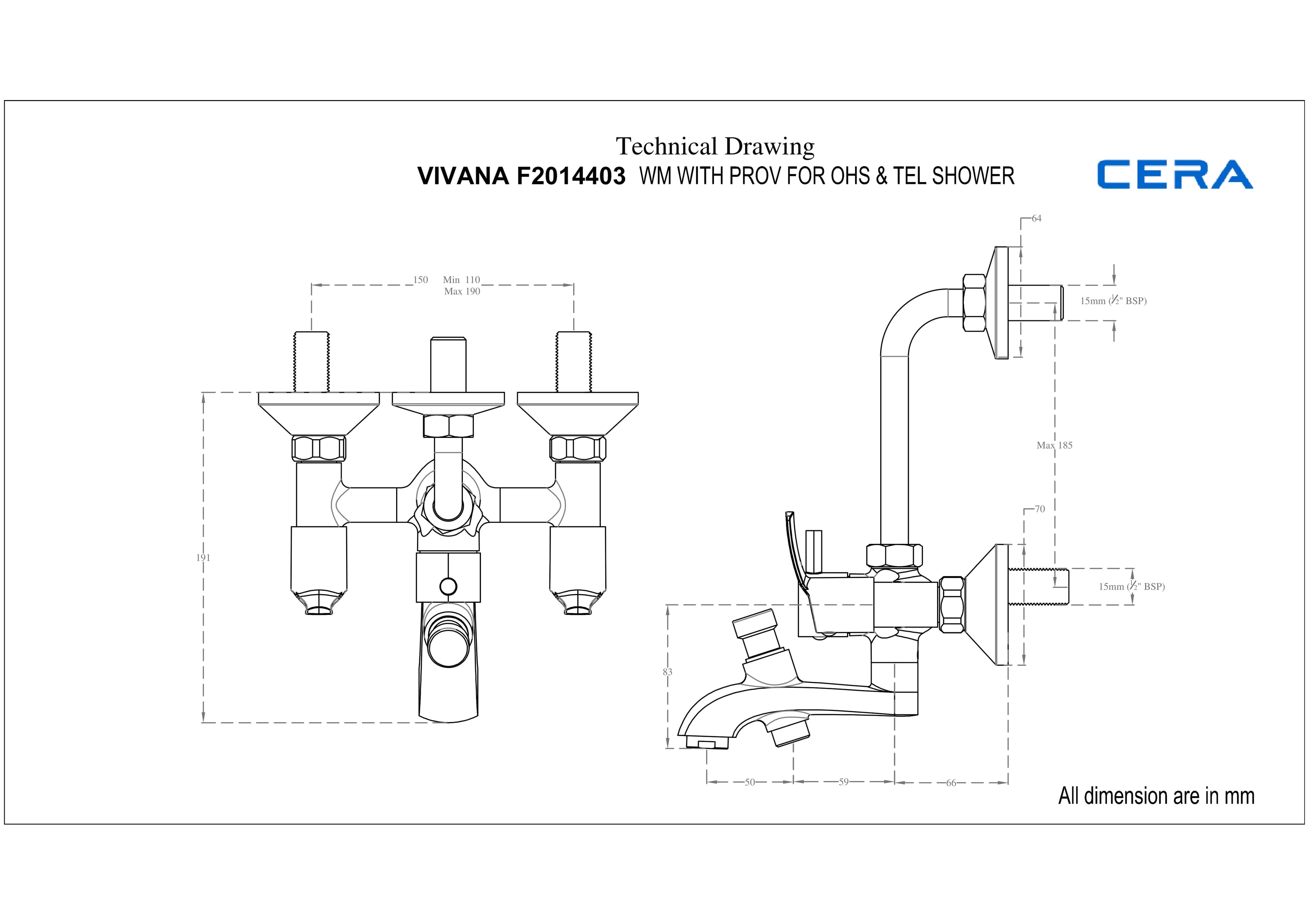 Vivana Wall Mixer (3-in-1) With Arrangement for both Hand Shower and Overhead Shower With Bend Pipe | Chrome Finish — image 2