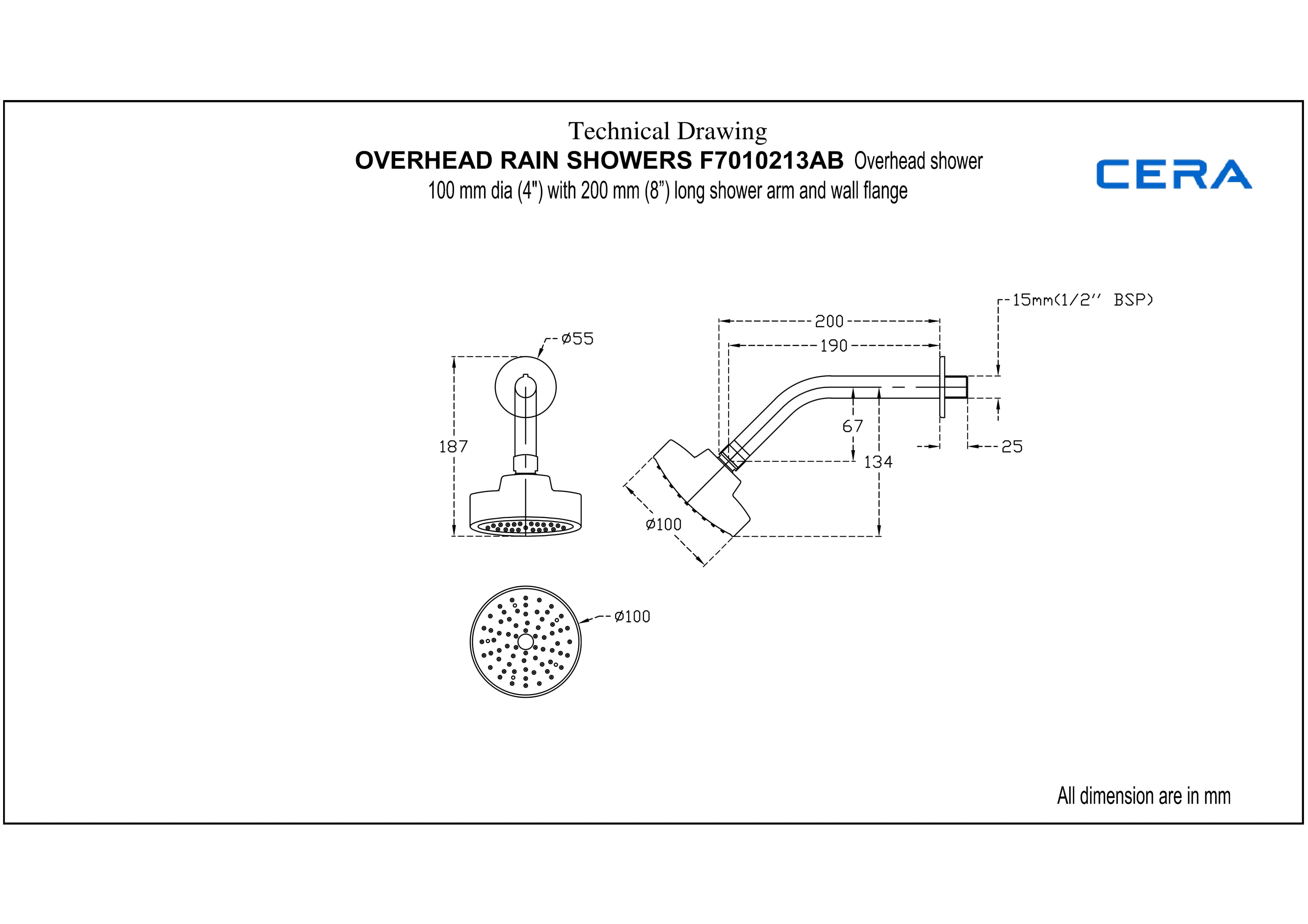 Overhead Shower 100 mm Dia (4") With 200 mm (8") Long Shower Arm and Wall Flange | Chrome Finish — image 2