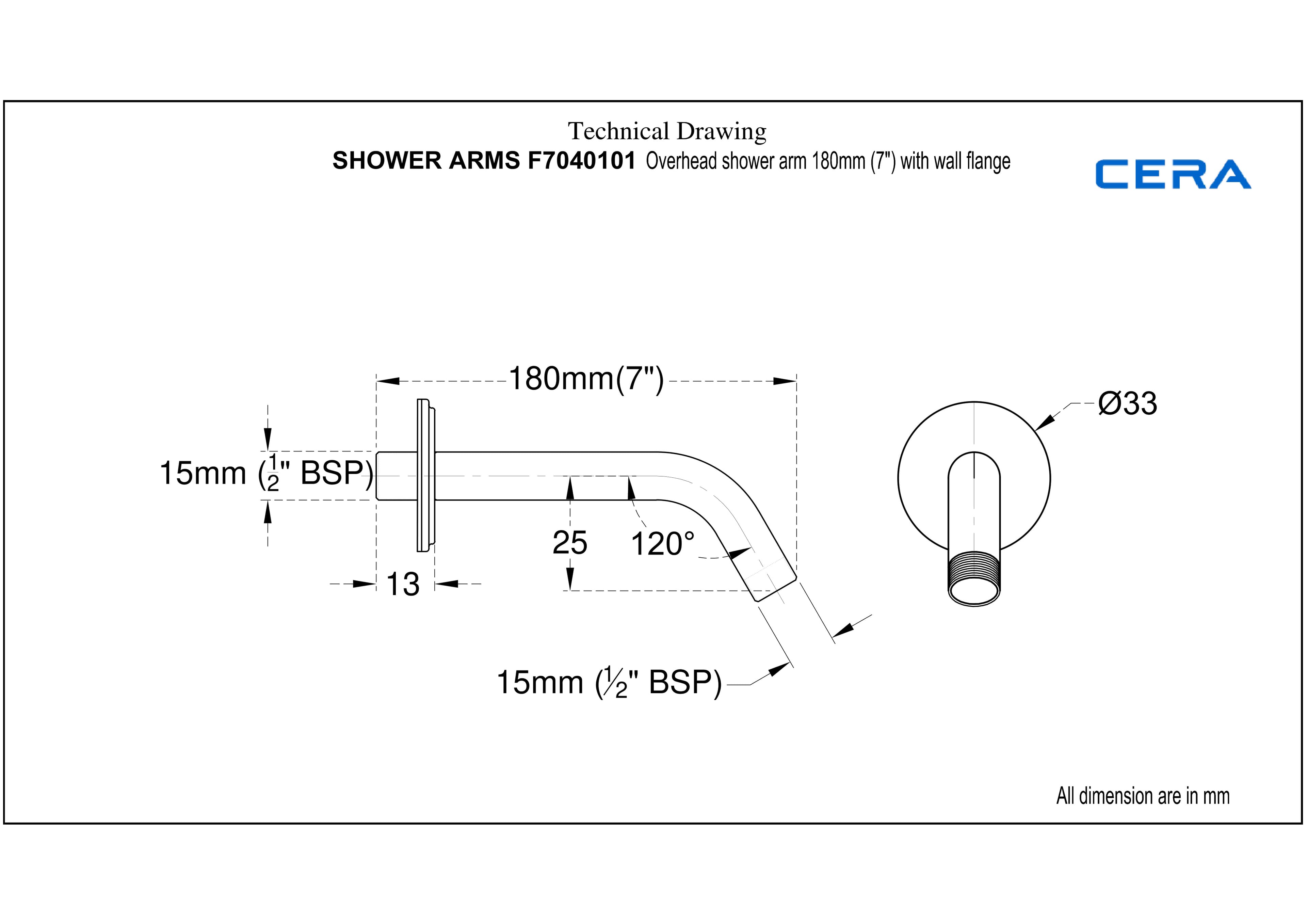 Overhead Shower Arm Round 180 mm (7") With Wall Flange | Chrome Finish — image 2