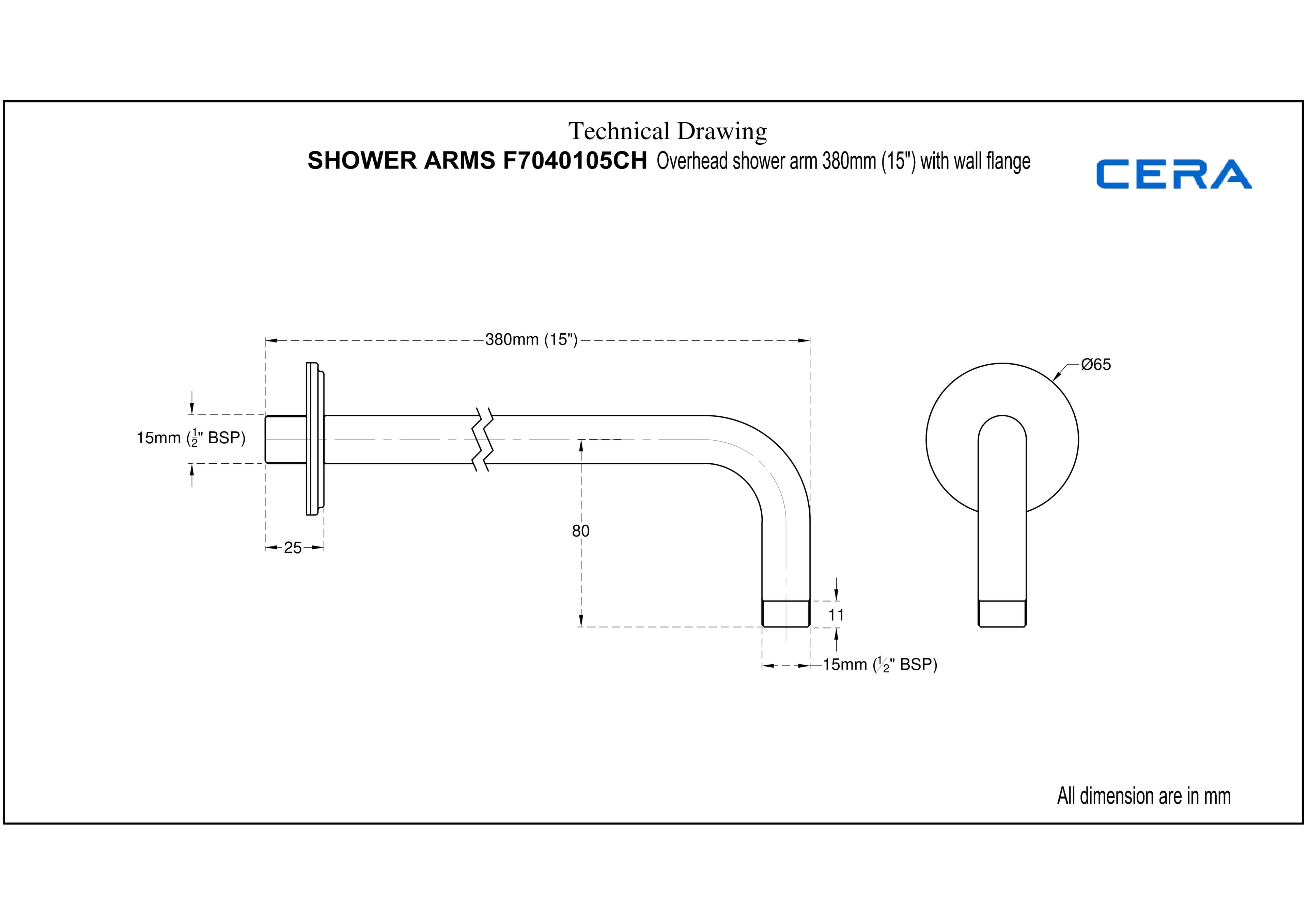 Overhead Shower Arm Round 380 mm (15") With Wall Flange | Chrome Finish — image 2