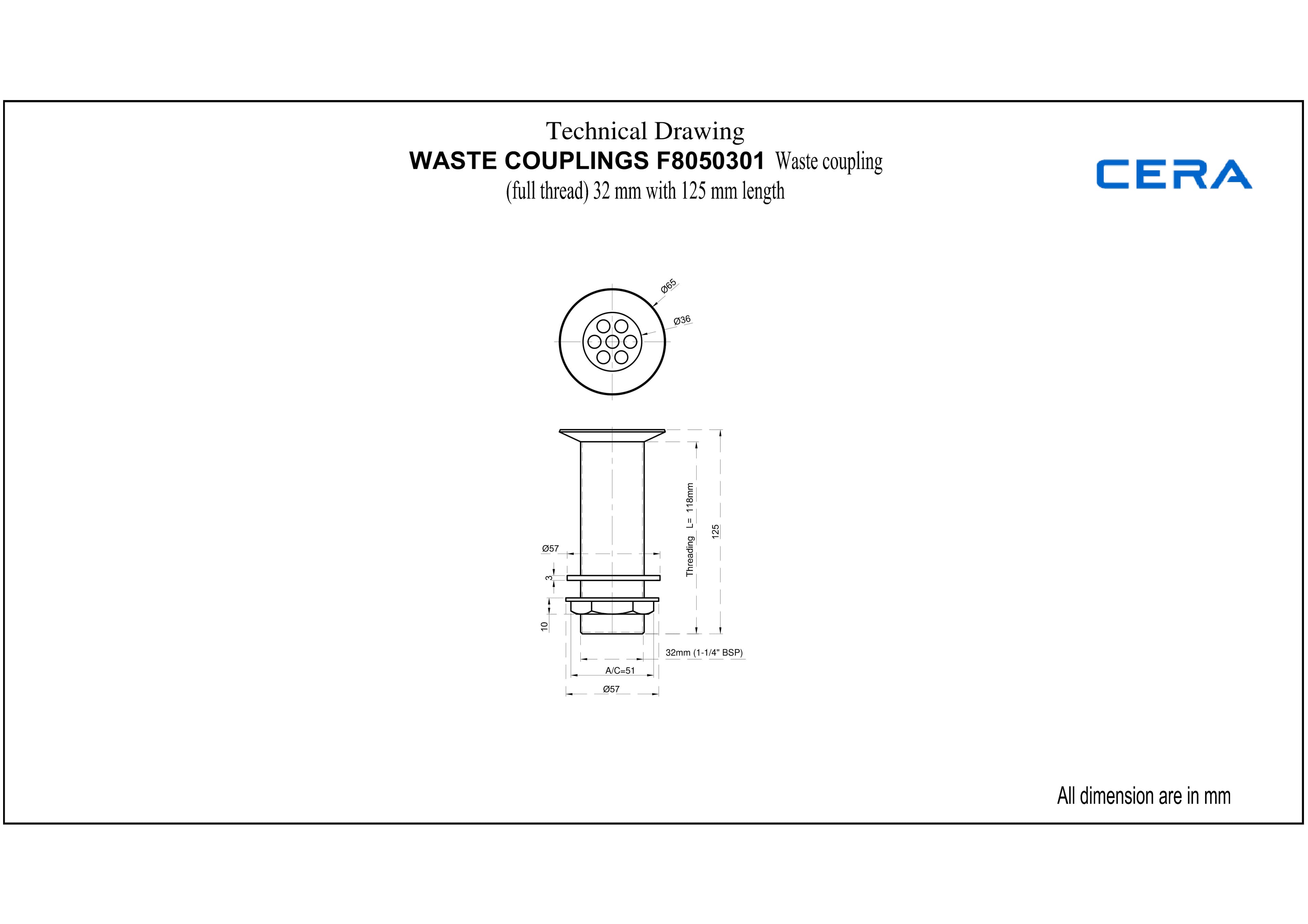 Waste Coupling Full Thread 32 mm With 125 mm Length | Chrome Finish — image 2