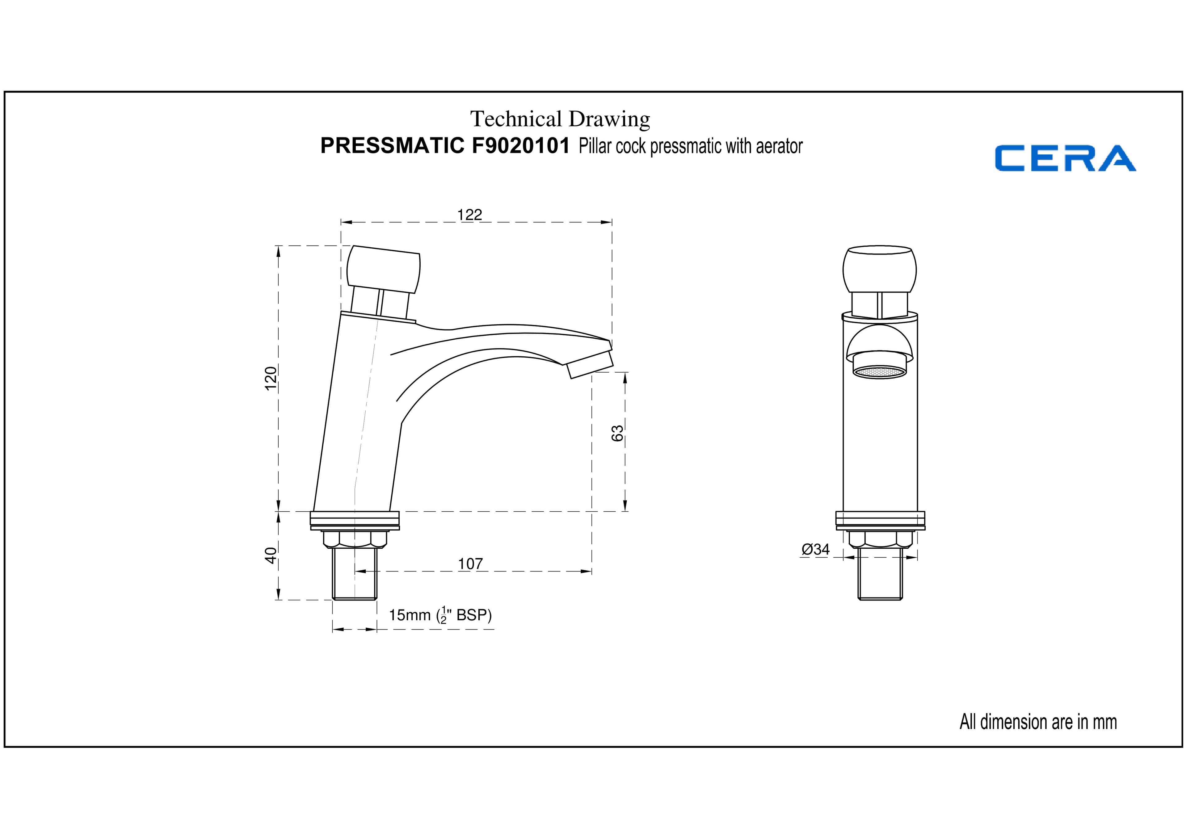Pillar Cock (Cold Water) Pressmatic (Self Closing) | Chrome Finish — image 4
