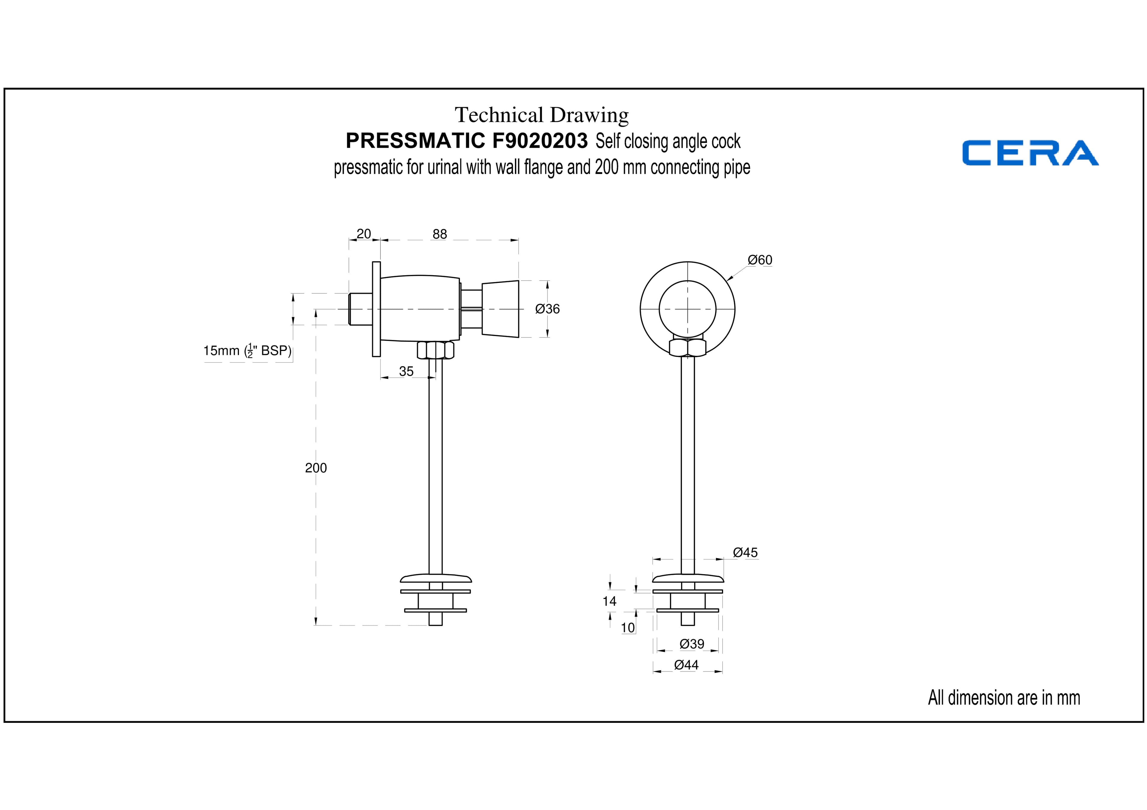 Flush Cock Pressmatic (Self Closing) for Urinal | With Wall Flange and 200 mm Connecting Pipe | Chrome Finish — image 4