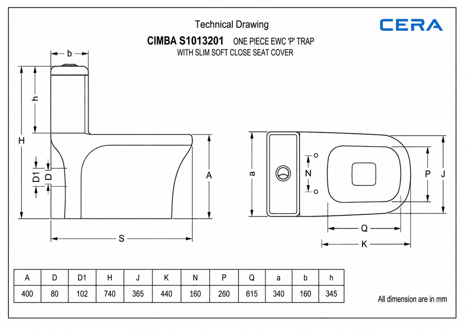 Cimba One Piece Toilet | With Slim Soft Close Seat Cover | P Trap — image 4