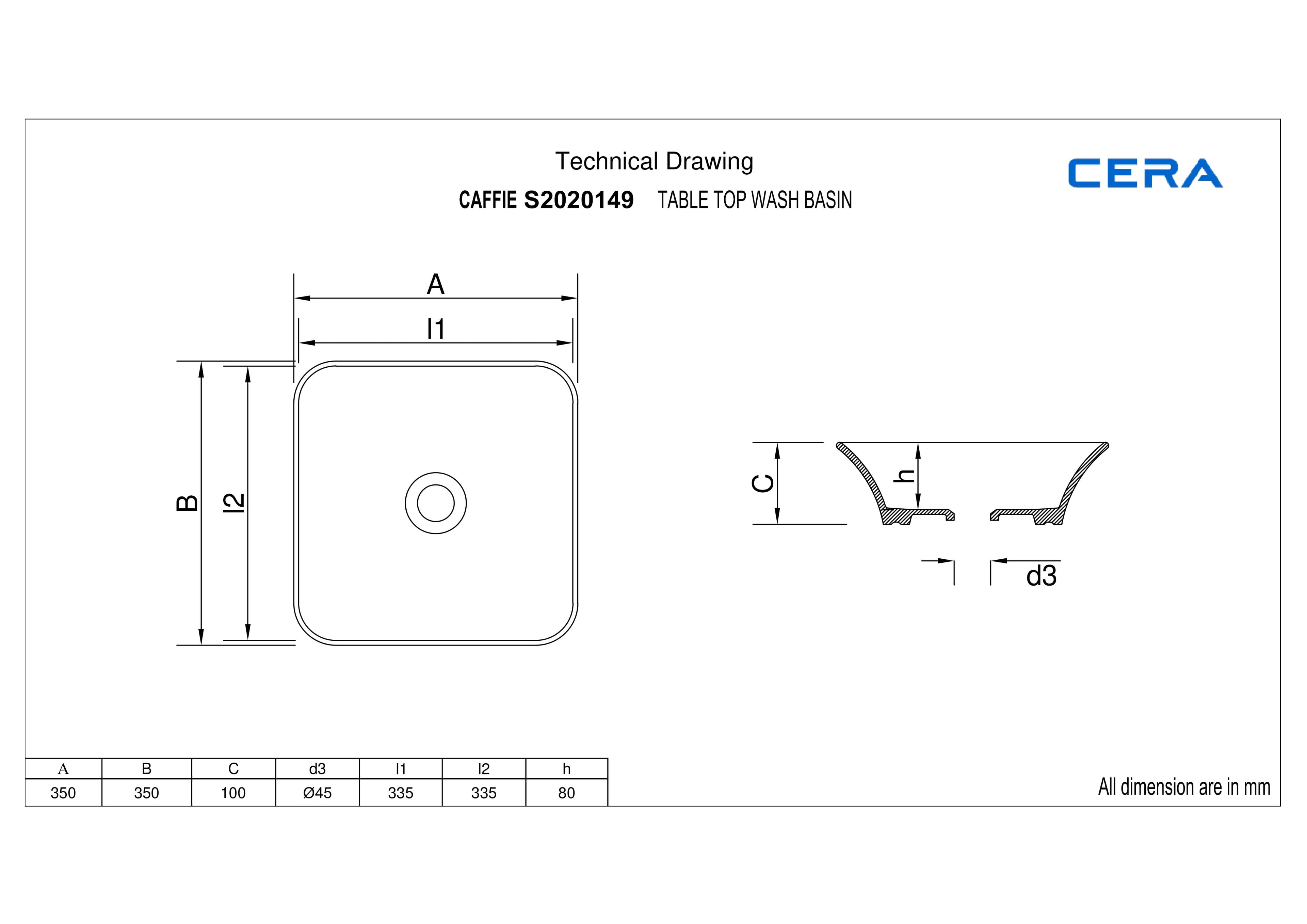 Caffie Table Top Wash Basin | Without Tap Hole Provision | Finish: Snow White | Size: 350 x 350 x 100 mm — image 4