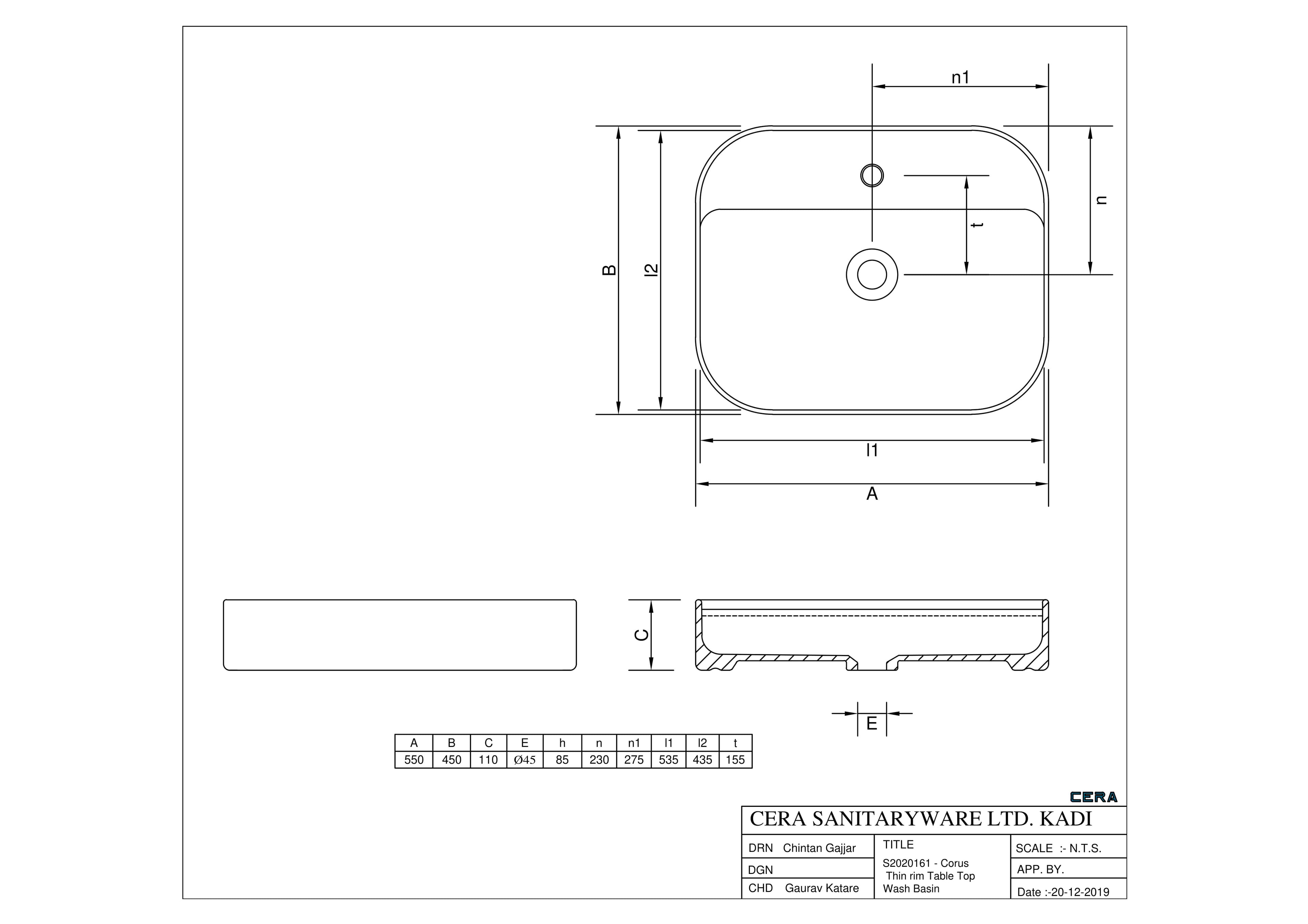 Corus Table Top Wash Basin | With Tap Hole Provision | Finish: Snow White | Size: 550 x 450 x 110 mm — image 4