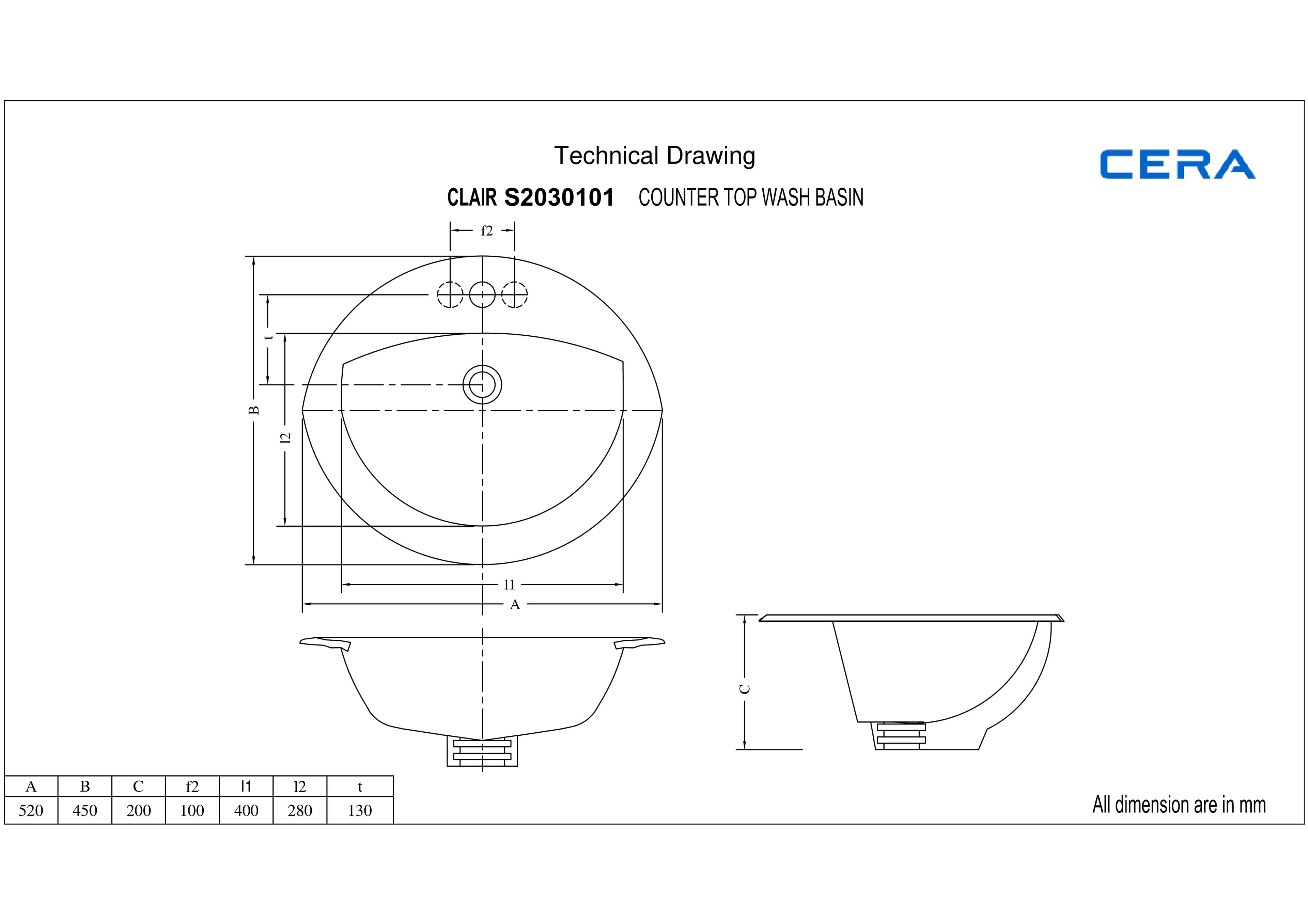 Clair Counter Wash Basin | With Tap Hole Provision | Finish: Snow White | Size: 520 x 450 x 200 mm — image 4
