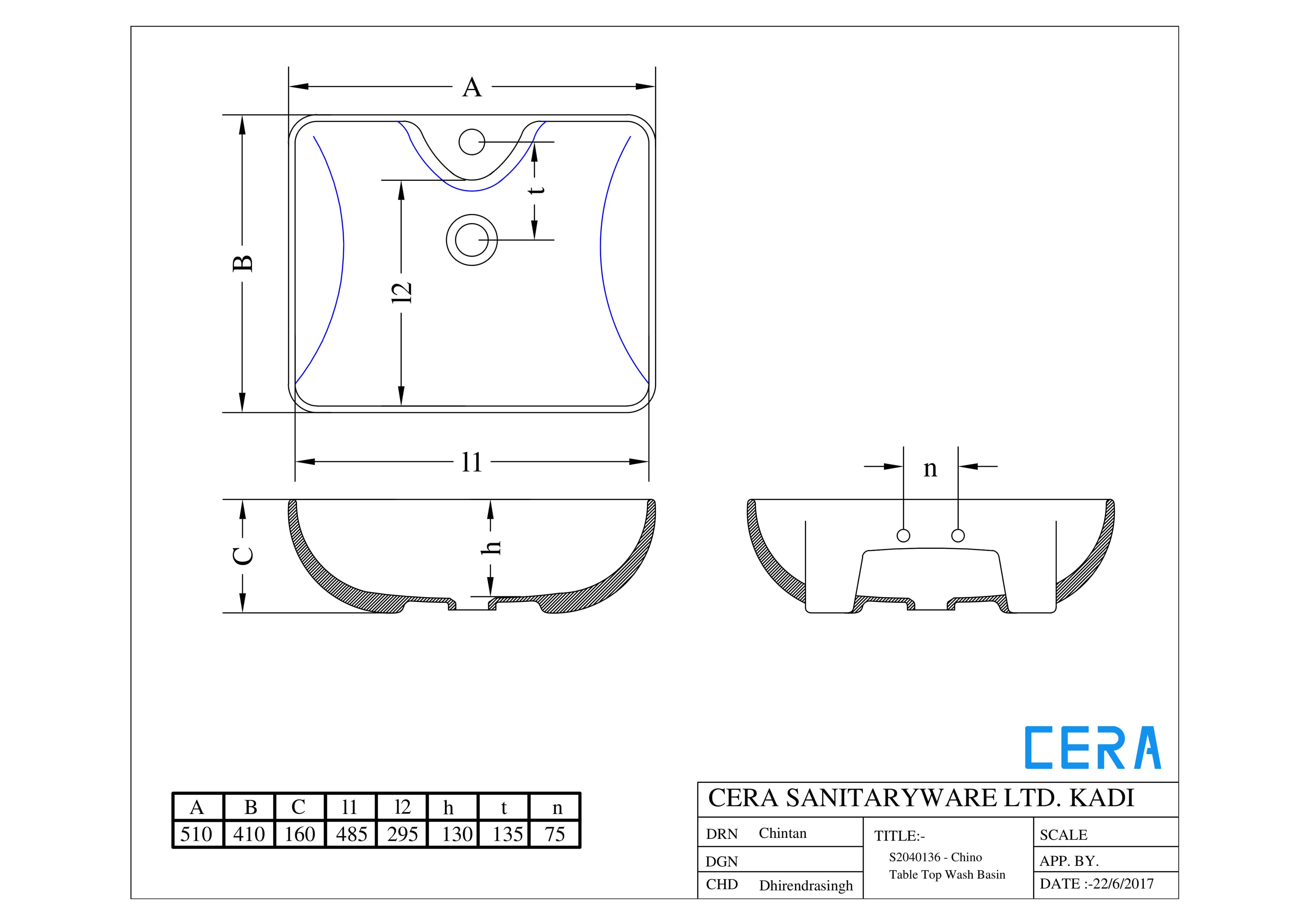 Chino Wall Hung Wash Basin | Finish: Snow White | Size: 510 x 410 x 160 mm | With Tap Hole Provision | For use With Half Pedestal (S2090104) — image 3