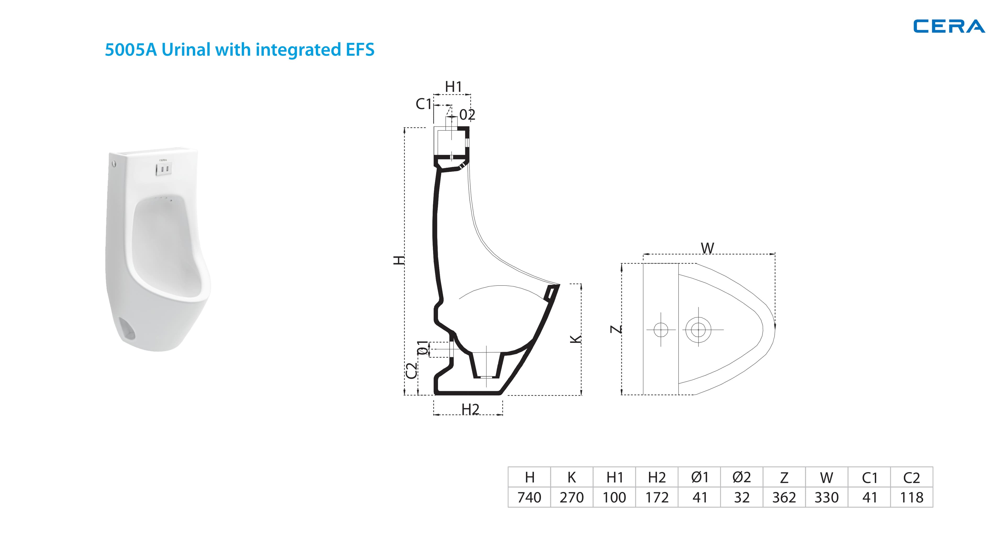 Calcia EFS Urinal With Integrated Electronic Flushing System | Finish: Snow White | Size: 375 x 330 x 780 mm | Maximum Sensing Range: 300 mm / 12" | 4x1.5V AA Duracell Batteries — image 2