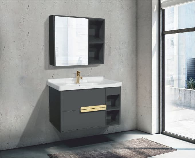 Arenza Wall Mounted Vanity Cabinet 780 x 460 x 480 mm | Space Grey Finish | HDHMR Material | Included: Wash Basin 810 x 470mm (S2030915) & Mirror Cabinet 150 x 700 x 600mm (S35530112) | Tap Not Included — image 2
