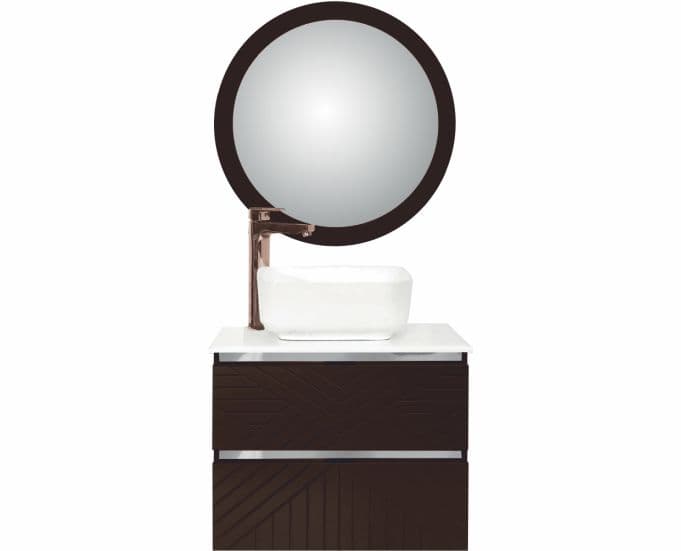Rhive Wall Mounted Vanity Cabinet 580 x 480 x 480 mm | Dark Brown Finish | HDHMR Material | Marble Top Platform 490mm x 600mm (S9510385WH) Included | Mirror With Frame 595mm Dia (B3510933) Included | Wash Basin & Tap Not Included