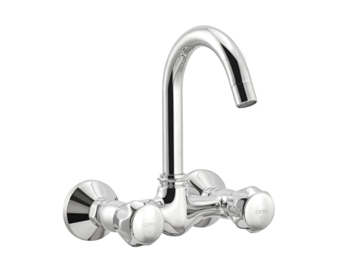 Ocean Kitchen Mixer (Hot & Cold Water) With 170 mm (6.5") Long Swivel Spout and Wall Flanges | Chrome Finish
