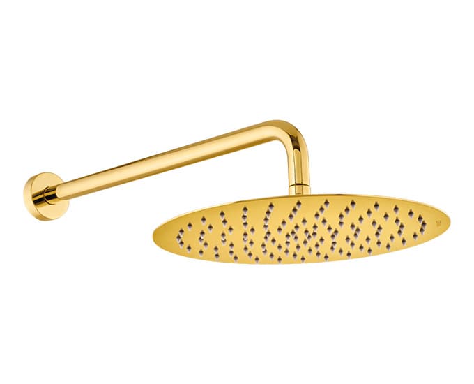 Overhead Rain Shower Stainless Steel 300 mm Dia (12") With (18") Shower Arm and Wall Flange | French Gold Finish | Delight Mode | Sleek Design