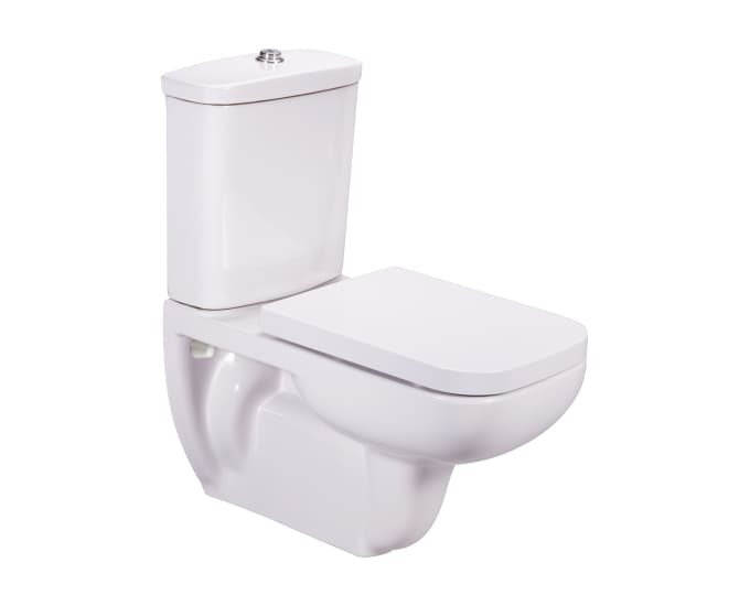 Campbell Two Piece Wall Hung Extended Toilet | Finish: Snow White | Size: 640 x 350 x 780 mm | Rag Bolt Distance: 255±5mm | Included: Cistern With Twin Flush Fittings (S1062132) & Campbell Duroplast Seat Cover (B1530117)