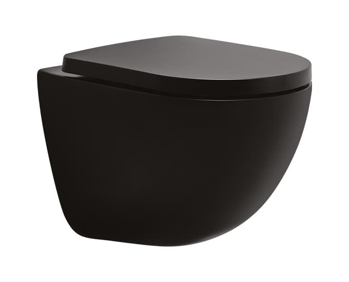 Carnival Black Rimless Wall Hung Toilet | Finish Matte | Duroplast soft close Seat Cover | Size: 510 x 365 x 380 mm | Rag Bolt Distance: 165±20mm