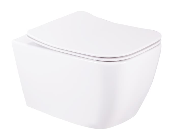Carlton Rimless Wall Hung Toilet | Finish: Snow White | Size: 490 x 350 x 360 mm | Rag Bolt Distance: 160±20mm | Duroplast Slim Soft Close Seat Cover Included — image 1