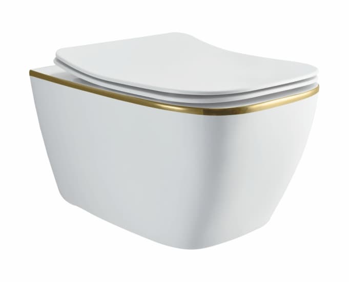 Carlton French Gold Rimless Wall Hung Toilet | Finish Glossy | Duroplast Soft Close Seat Cover | Size: 490 x 350 x 360 mm | Rag Bolt Distance: 160±20mm