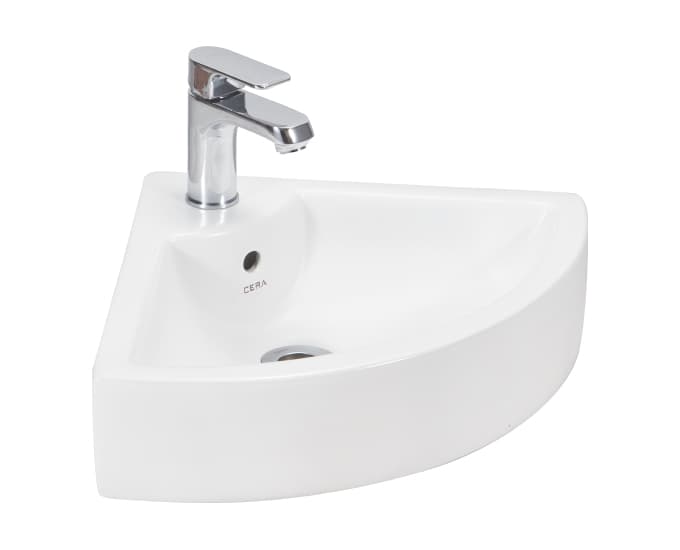 Callis Wall Hung Corner Wash Basin Without Pedestal | Finish: Snow White | Size: 555 x 420 x 155 mm | With Tap Hole Provision .