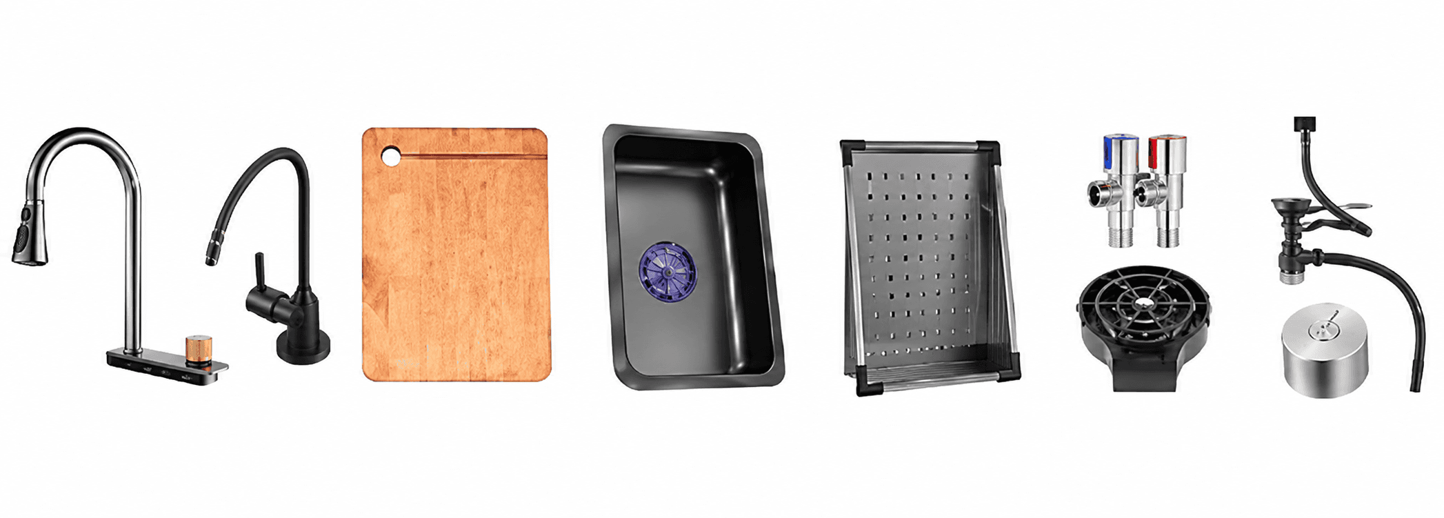 Eviere Workstation Black Handmade Kitchen Sink | Size: 30" x 18" x 9" (760mm x 460mm x 225mm) | Bowl Size: 710mm x 360mm x 220mm | Finish: Black | Included: Pull-Out Waterfall Faucet, Glass Rinser, RO Faucet, Soap Dispenser, Plumbing Kit, Chopping Board, Vegetable Colander Basket and Basket — image 4