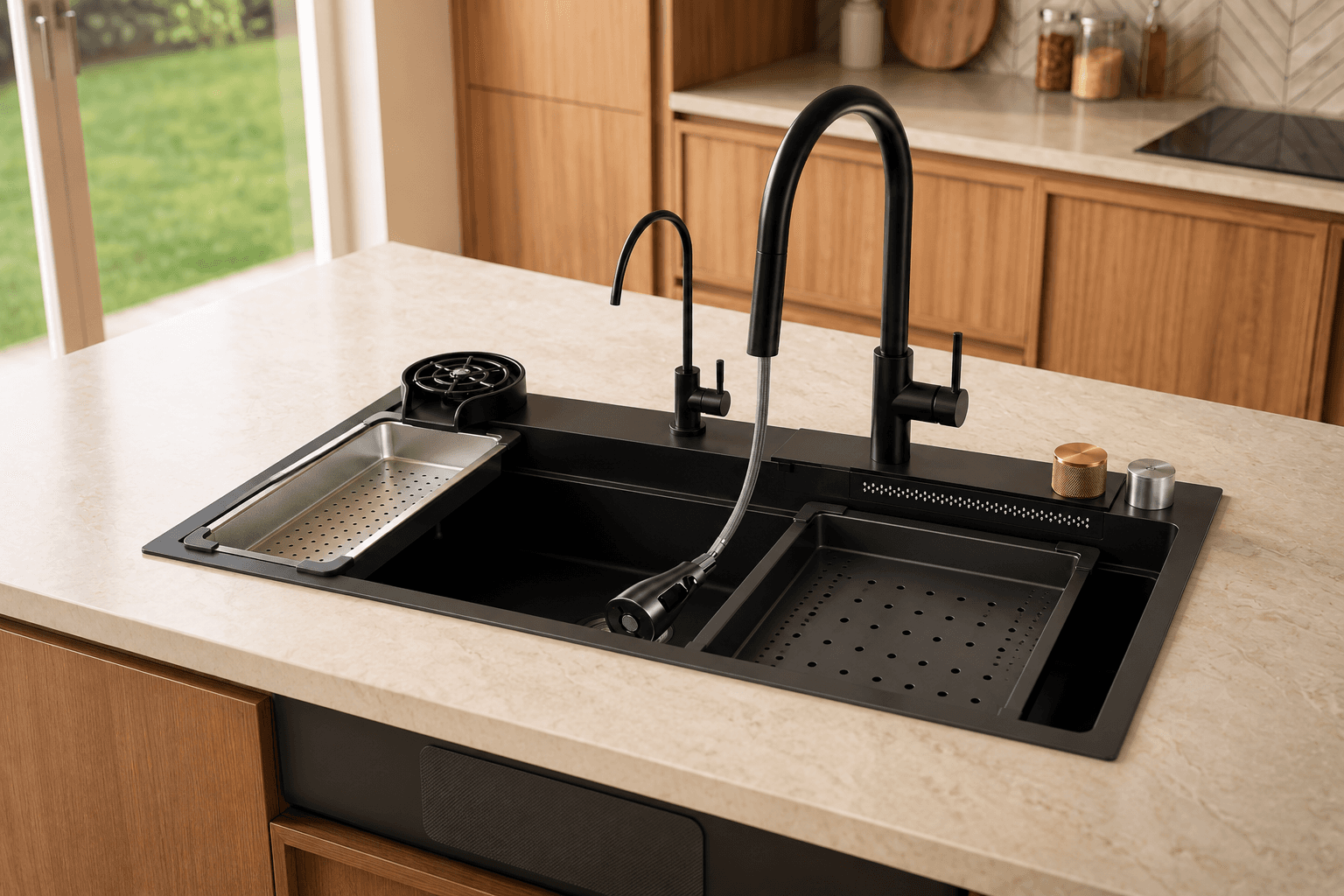 Eviere Workstation Black Handmade Kitchen Sink | Size: 30" x 18" x 9" (760mm x 460mm x 225mm) | Bowl Size: 710mm x 360mm x 220mm | Finish: Black | Included: Pull-Out Waterfall Faucet, Glass Rinser, RO Faucet, Soap Dispenser, Plumbing Kit, Chopping Board, Vegetable Colander Basket and Basket — image 2