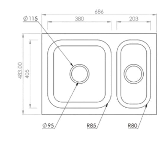 Dura Double Bowl Kitchen Sink 27" X 19" X 8" (686x483x200mm) | SS 304 grade | Satin Finish | Suitable for Topmount, Undermount & Inset | Included: Waste coupling  | Slab Cutting Size: 405x381mm — image 2