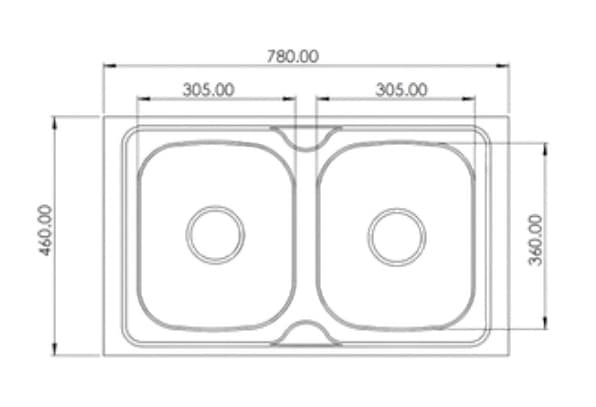 Dura Double Bowl Kitchen Sink 31" X 18" X 7.5" (780x460x185mm) | SS 304 grade | Satin Finish | Suitable for Topmount, Undermount & Inset | Included: Waste coupling  | Slab Cutting Size: 360x305mm — image 2
