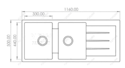Quartz Double Bowl Kitchen Sink 46"x20"8" (1160x500x200mm) | Natural Quartz | Colour: Black  | Topmount Installation | Included: Waste coupling | Slab Cutting Size: 330x440mm — image 2