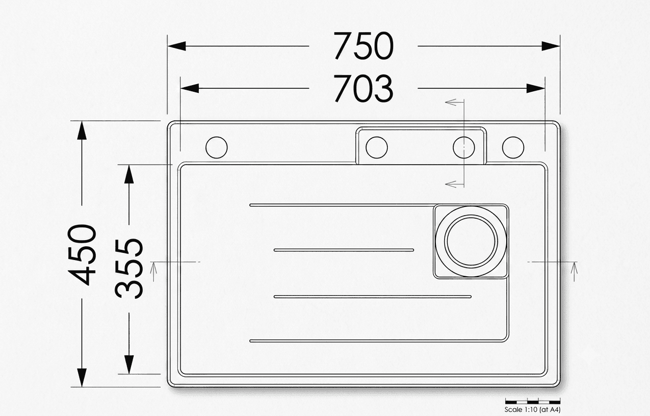 Kitchen Nano Button Sink | Dimension:  29.5"x17.7"x8.7"(750x450x220mm) | Finish: Satin-Decore | Includeds: Waste Coupling, SS Small Bowl, Cross Colander, Chopping Board, Glass Panel with Faucet and ACC | Slab Cutting Size: 710x355mm — image 3