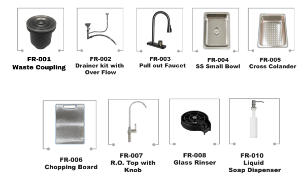 Kitchen Sink 30"x18"x9" (750x450x225mm) | Finish: Decore-Satin | Includeds: Waste Coupling, Drainer Kit, Pull out Faucet, SS Small Bowl, Cross Colander, Chopping Board, R.O. Top, Glass Rinser, Soap Dispenser | Slab Cutting Size: 710x355mm — image 3