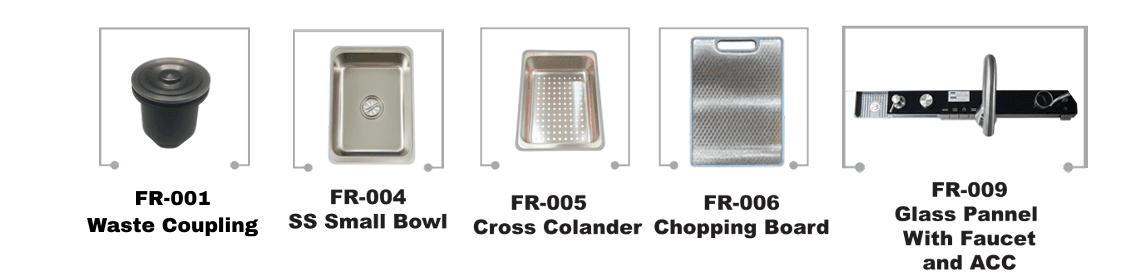 Kitchen Nano Button Sink | Dimension:  29.5"x17.7"x8.7"(750x450x220mm) | Finish: Satin-Decore | Includeds: Waste Coupling, SS Small Bowl, Cross Colander, Chopping Board, Glass Panel with Faucet and ACC | Slab Cutting Size: 710x355mm — image 4