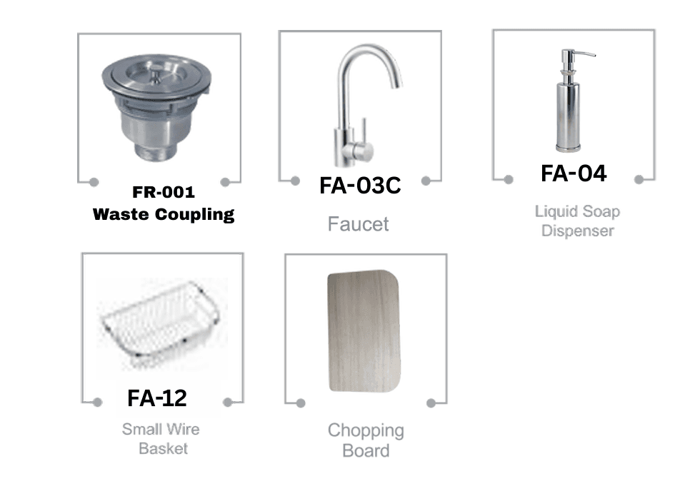 Kitchen Sink Designer Series | Material: SS 304 | Size: 34"x20"x9"(850x500x230mm) | Finish: Satin | Includeds: Waste Coupling, Faucet, Soap Dispenser, Small Wire Basket, Chopping Board — image 3